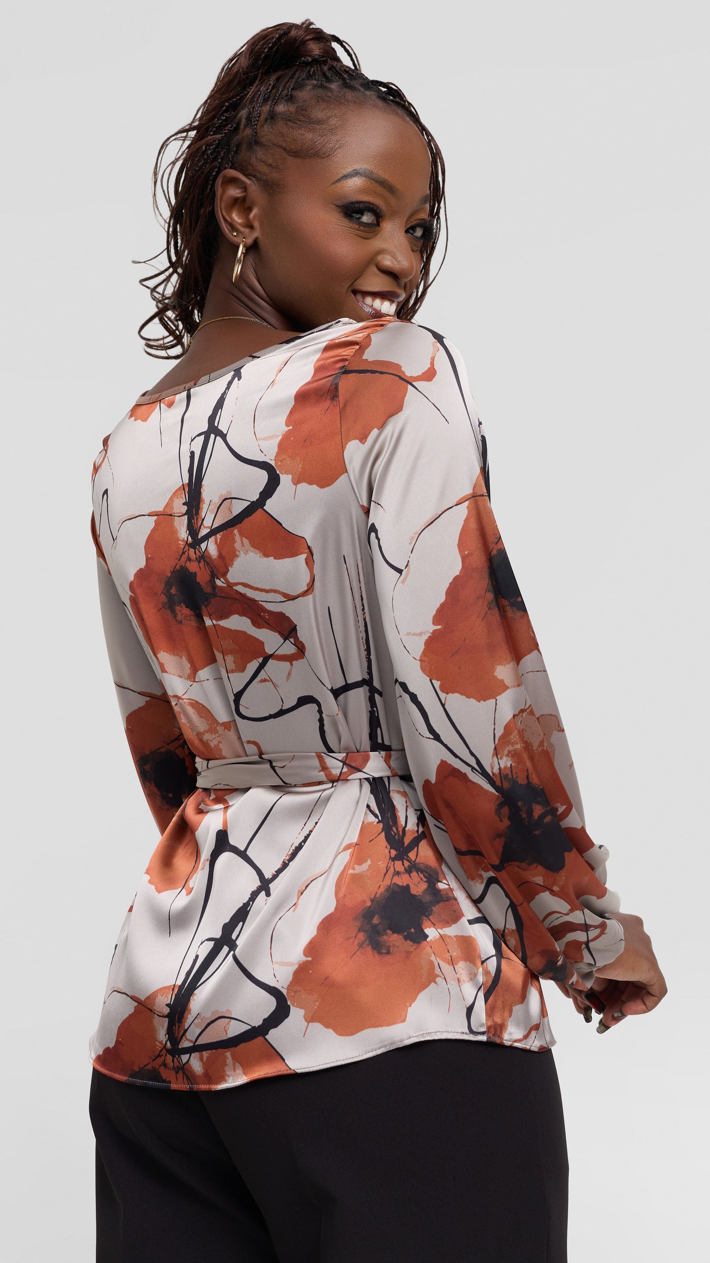 Vivo Basic Satin Bishop Sleeve Top - Grey / Rust Print