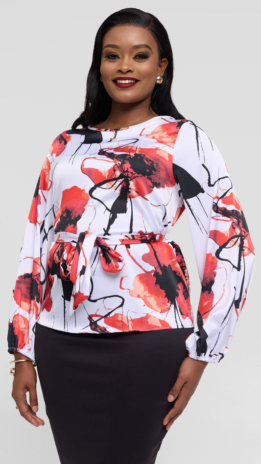 Vivo Basic Satin Bishop Sleeve Top - White / Red Print