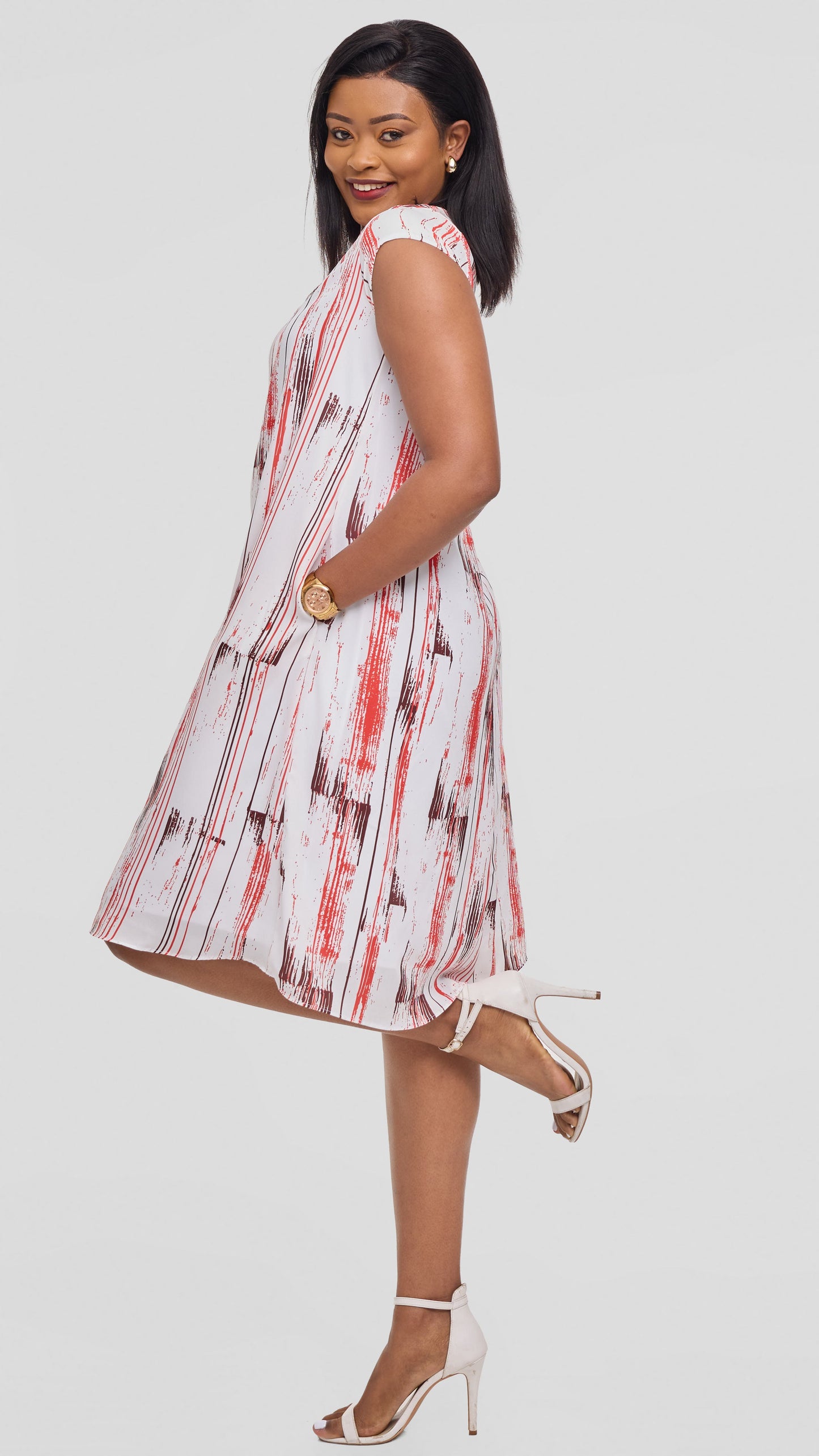 Vivo Sierra Cap Sleeve Tent Dress in Chiffon - White / Red Siolo Print
