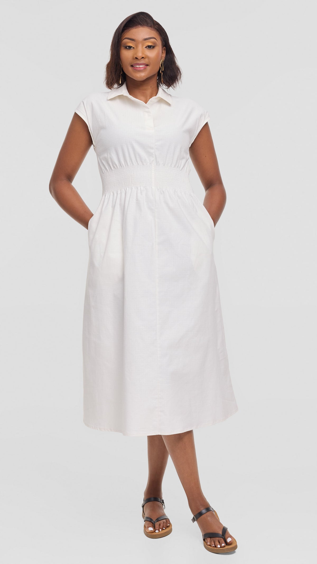 Safari by Vivo Shirred Waist Midi Dress in Cotton - Off White