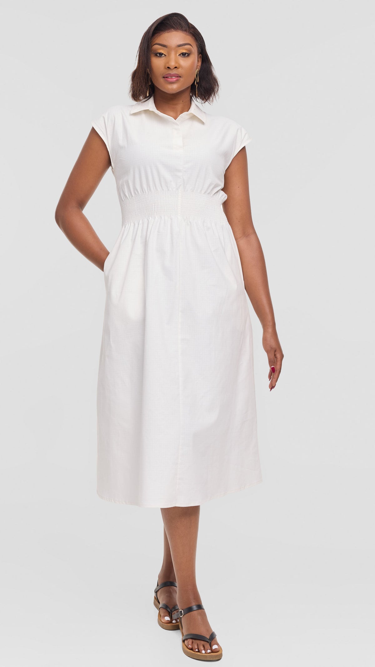 Safari by Vivo Shirred Waist Midi Dress in Cotton - Off White