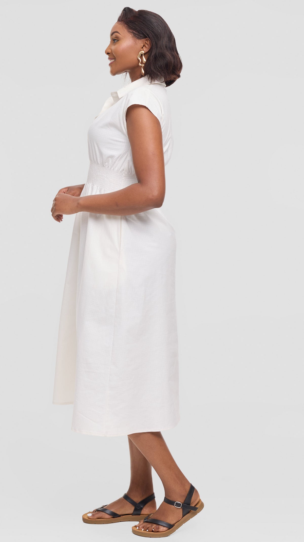 Safari by Vivo Shirred Waist Midi Dress in Cotton - Off White