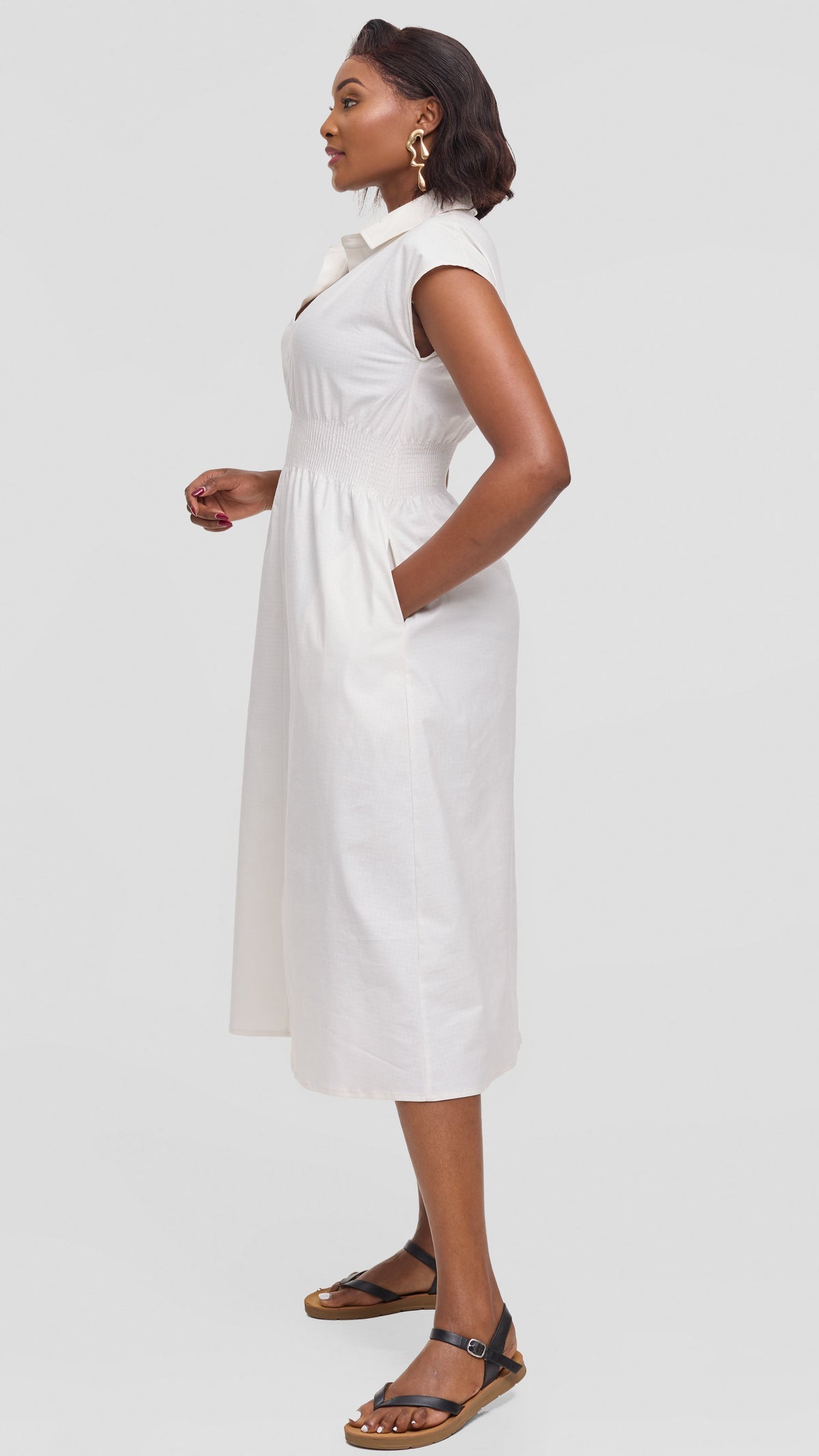 Safari by Vivo Shirred Waist Midi Dress in Cotton - Off White
