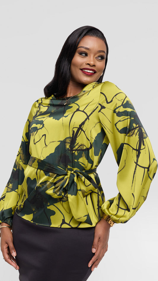 Vivo Basic Satin Bishop Sleeve Top - Olive / Green Print