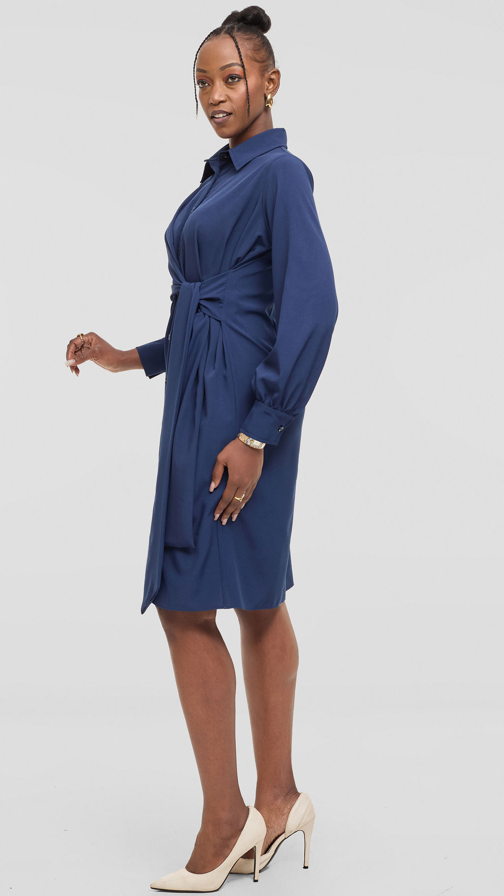Vivo Long Sleeve Tie Dress in Crepe - Navy