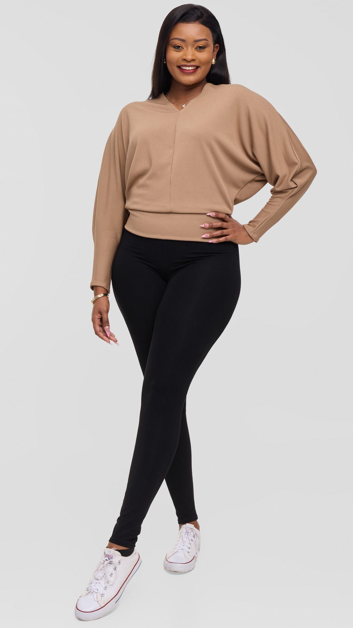 Vivo Tanda V-Neck Top in Stretch Rib - Taupe