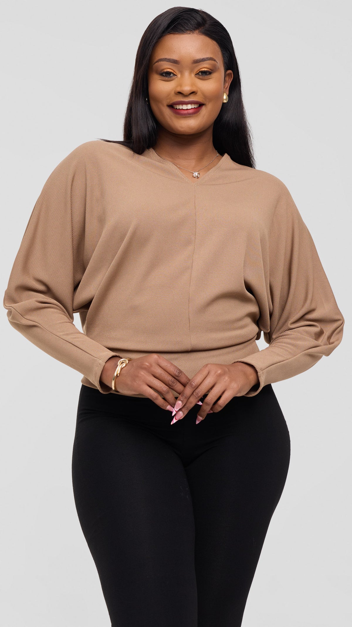 Vivo Tanda V-Neck Top in Stretch Rib - Taupe