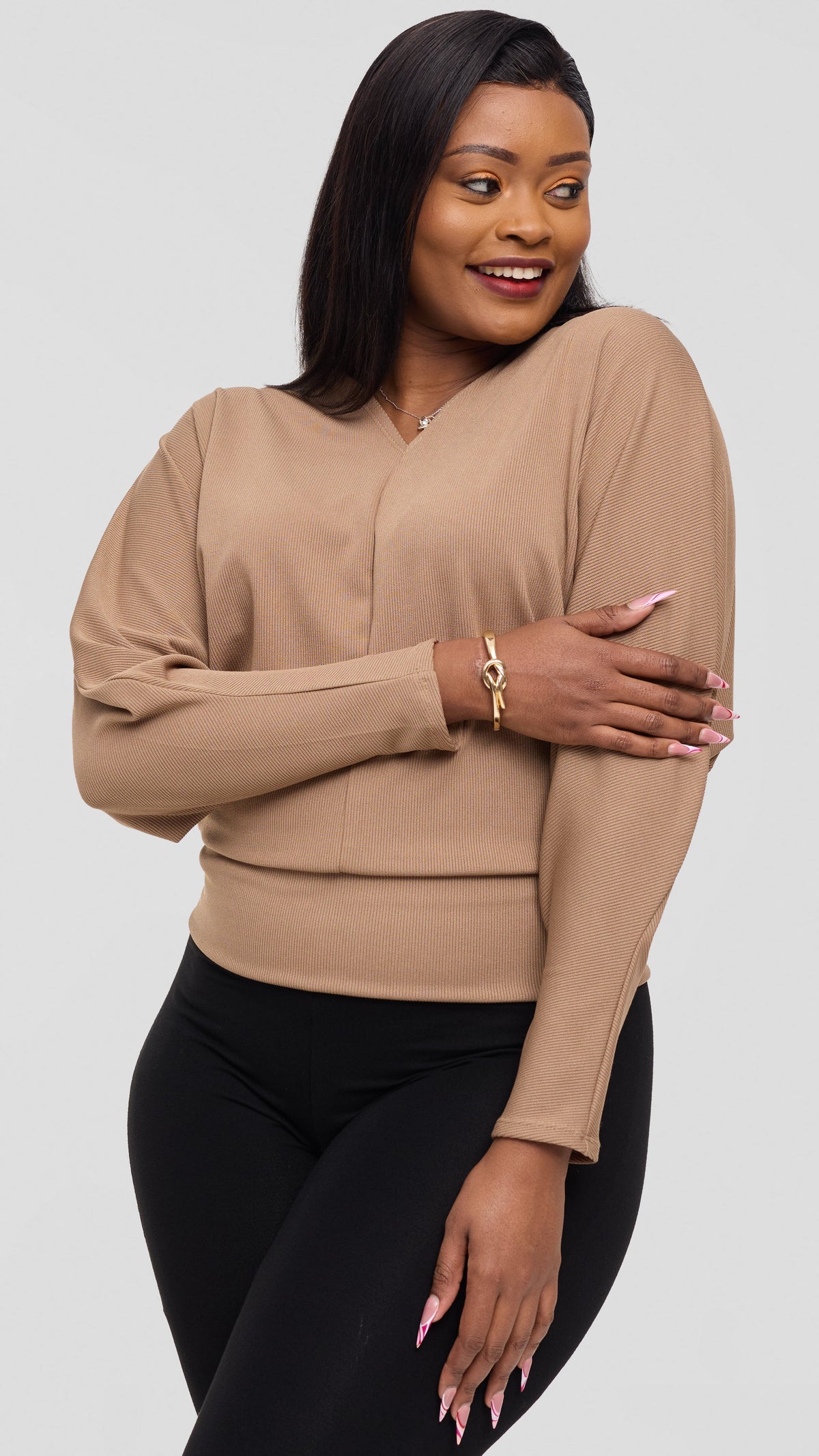 Vivo Tanda V-Neck Top in Stretch Rib - Taupe