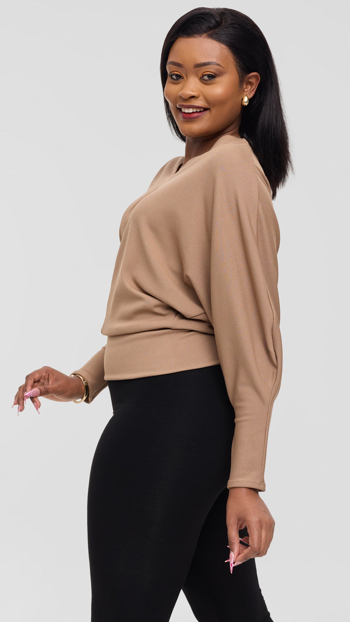 Vivo Tanda V-Neck Top in Stretch Rib - Taupe