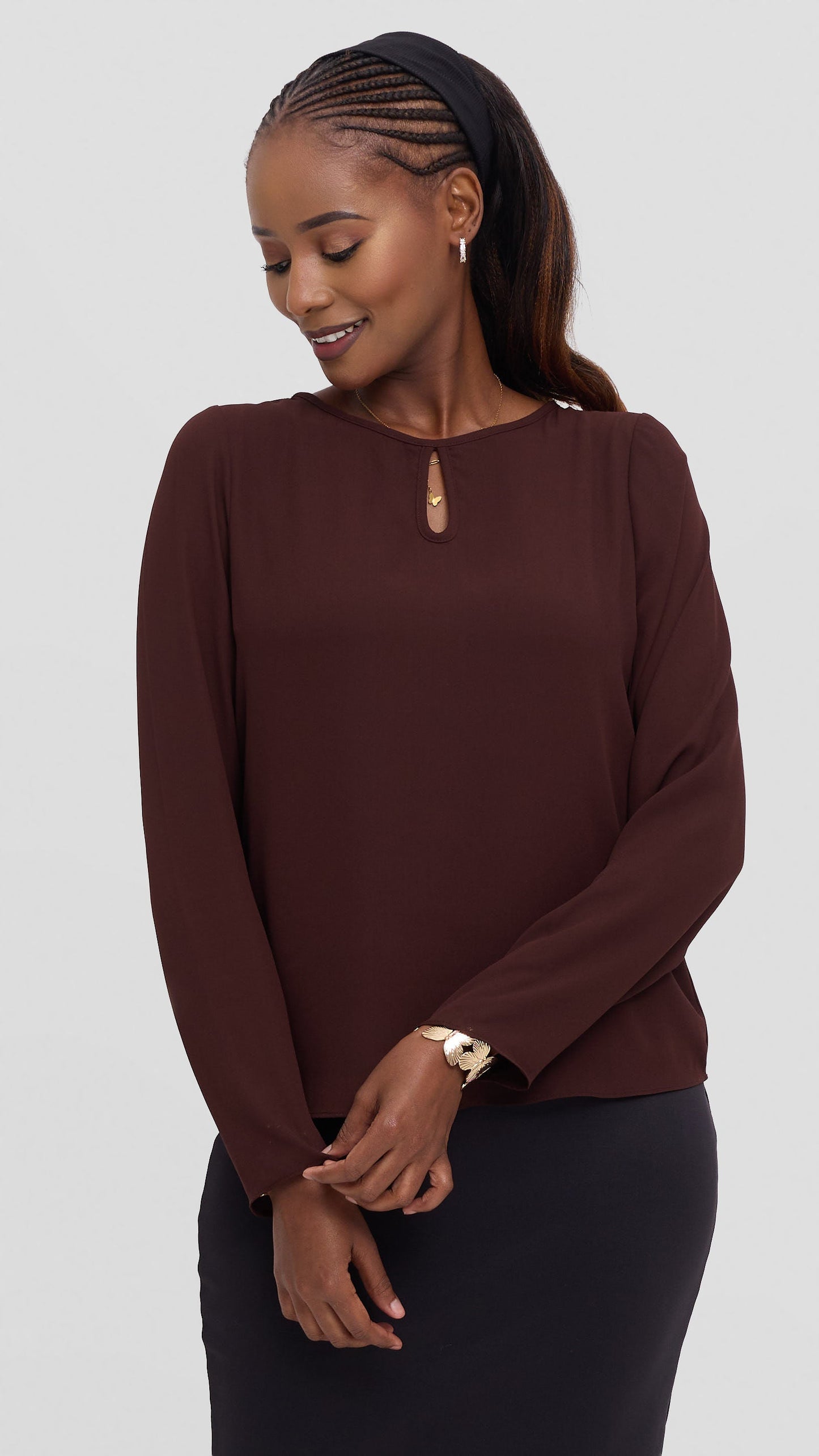 Vivo Sierra Long Sleeve Top in Chiffon (Double Layered)  - Chocolate