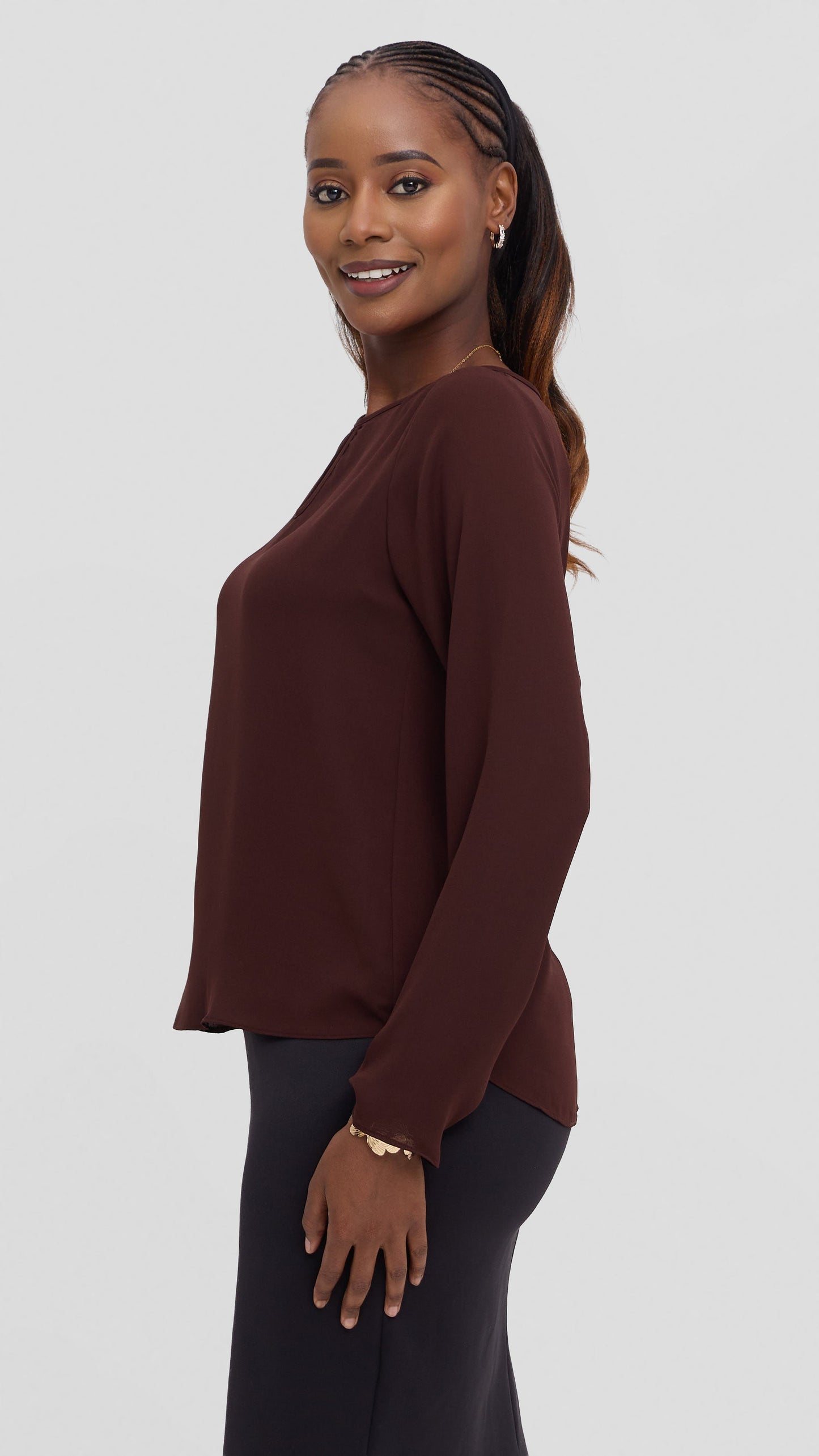 Vivo Sierra Long Sleeve Top in Chiffon (Double Layered)  - Chocolate