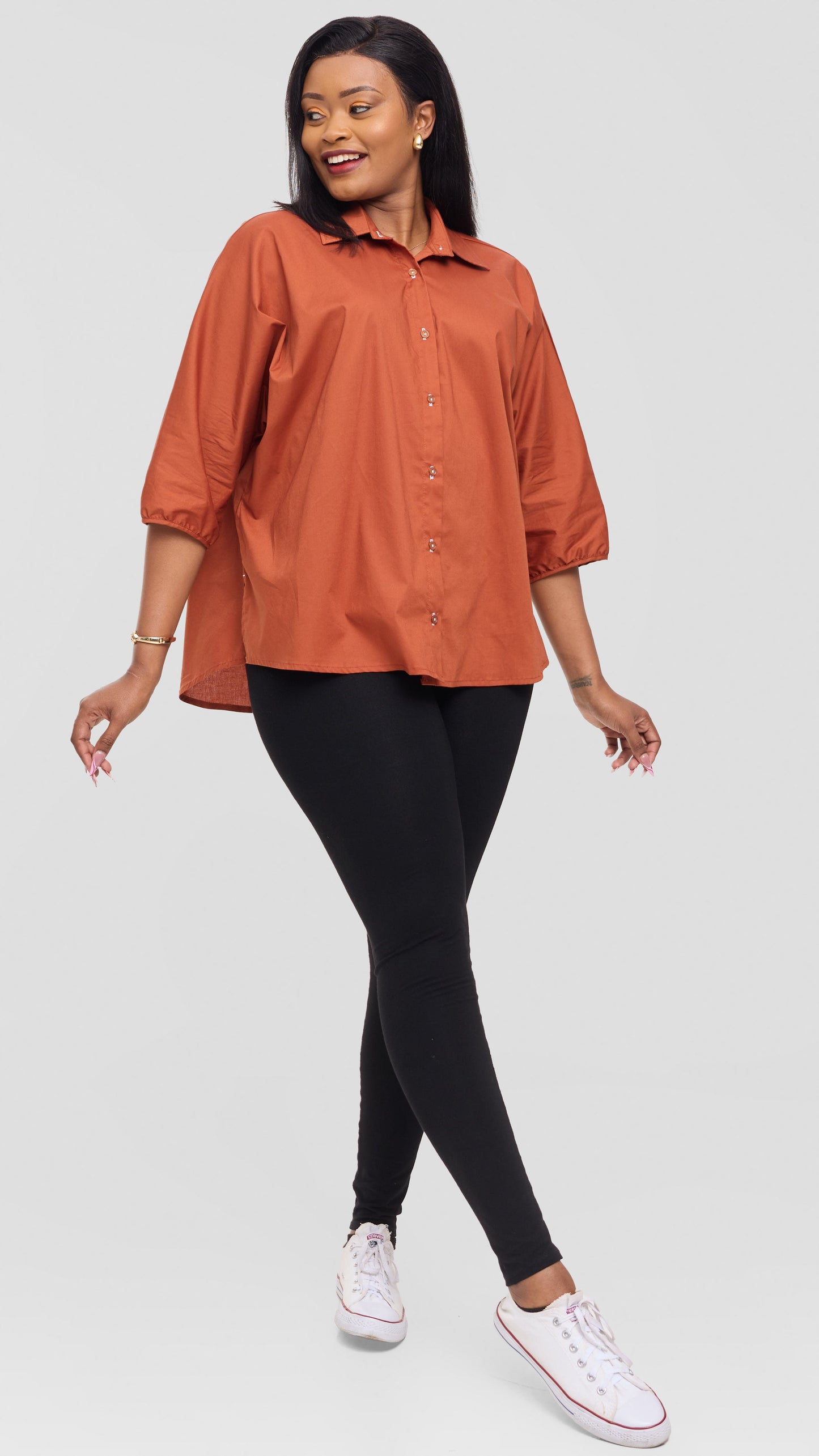 Vivo Back Pleat Loose Top in Cotton - Rust