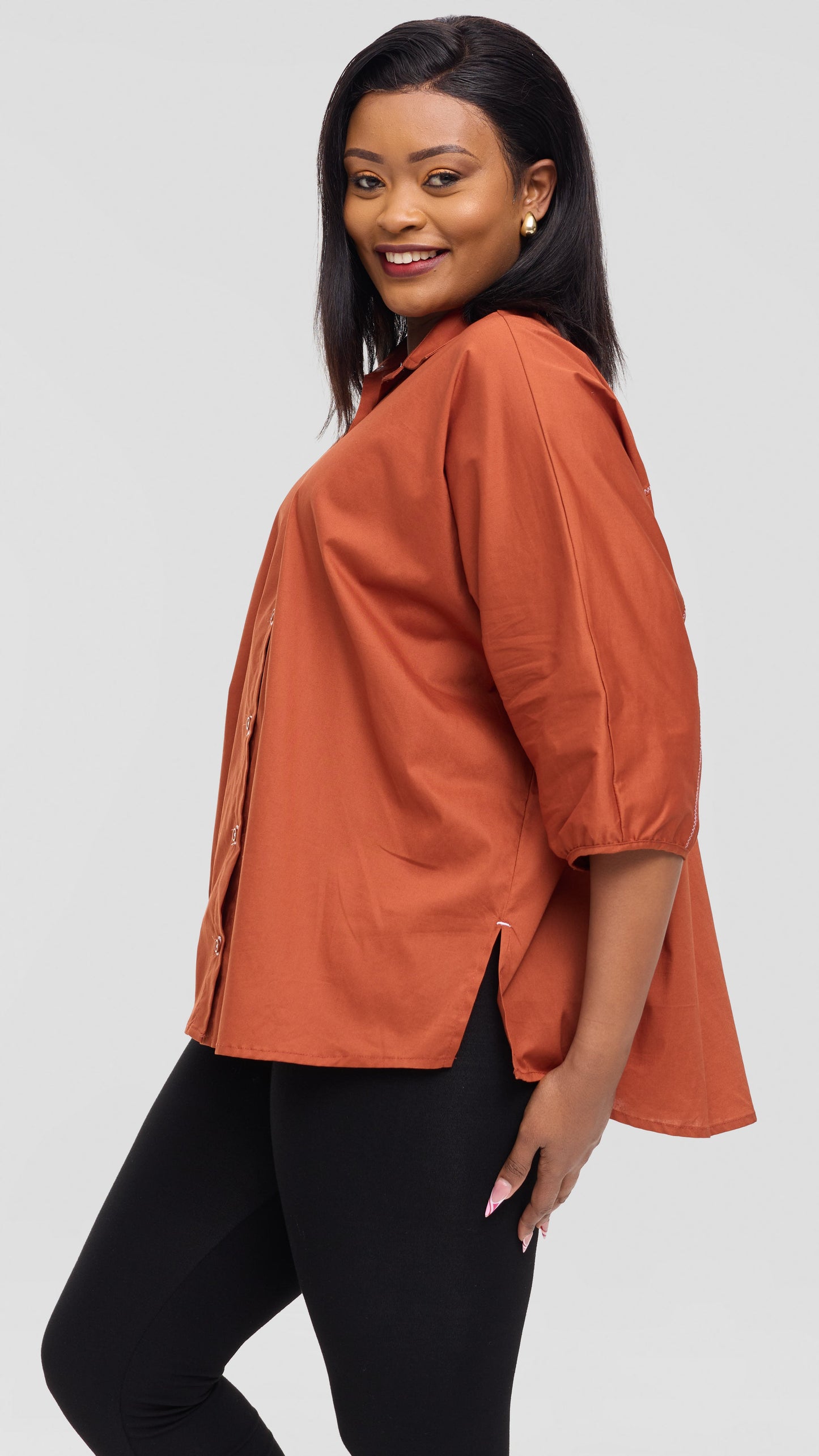Vivo Back Pleat Loose Top in Cotton - Rust
