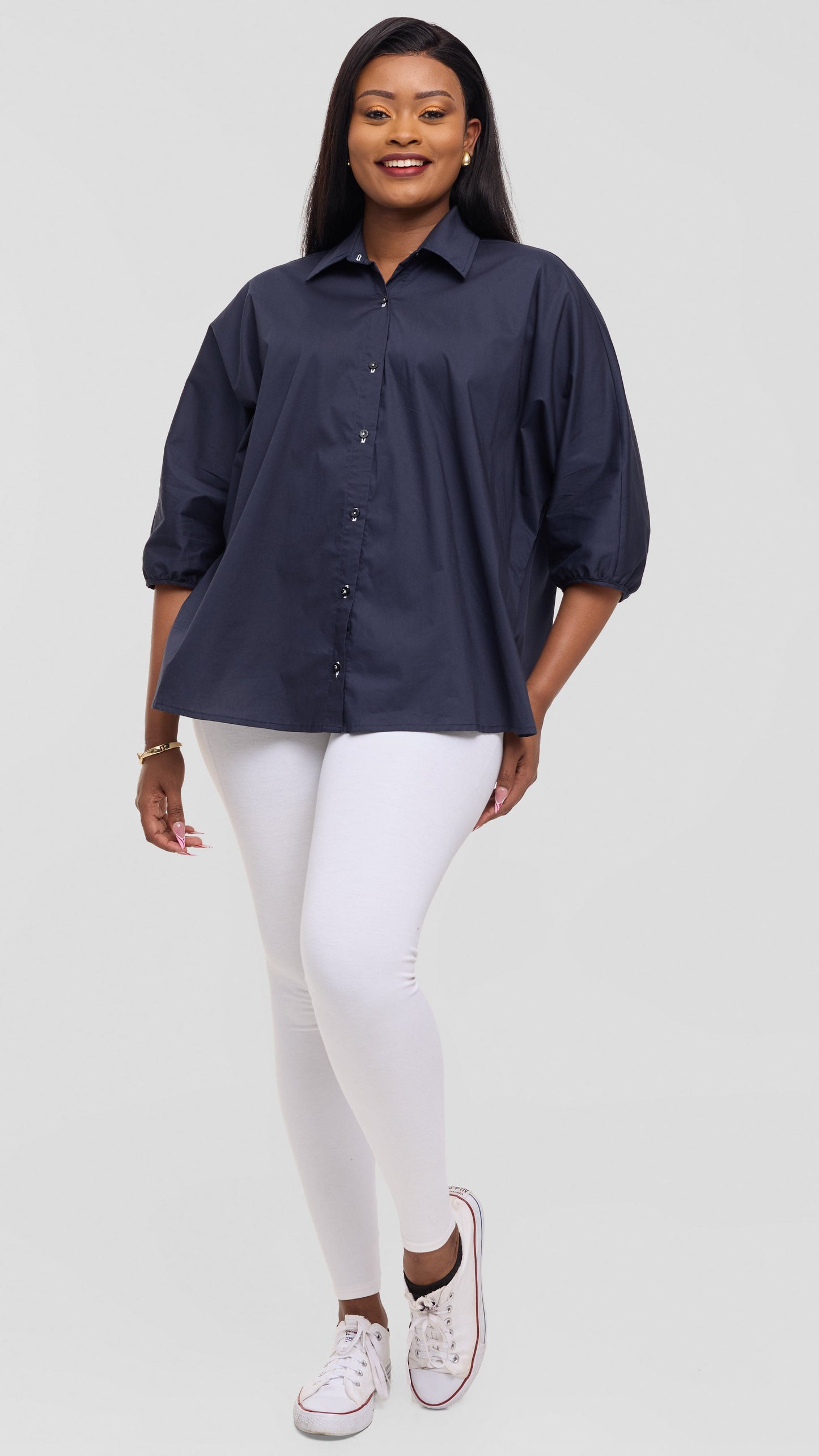 Vivo Back Pleat Loose Top in Cotton - Dark Navy