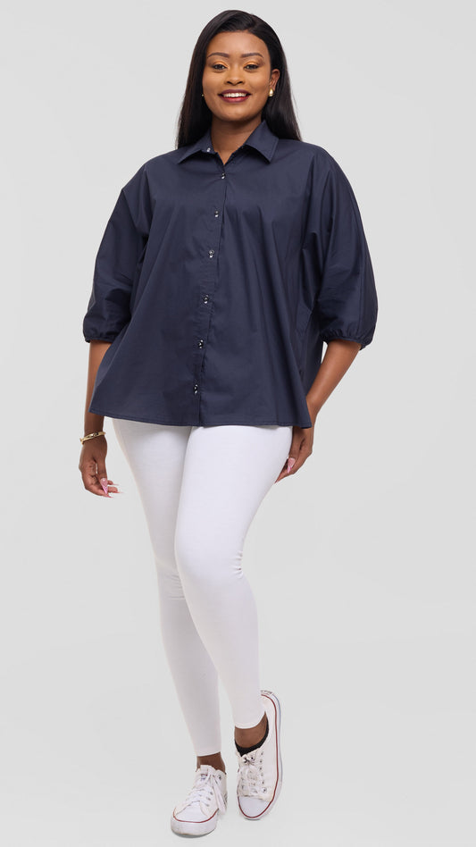 Vivo Back Pleat Loose Top in Cotton - Dark Navy