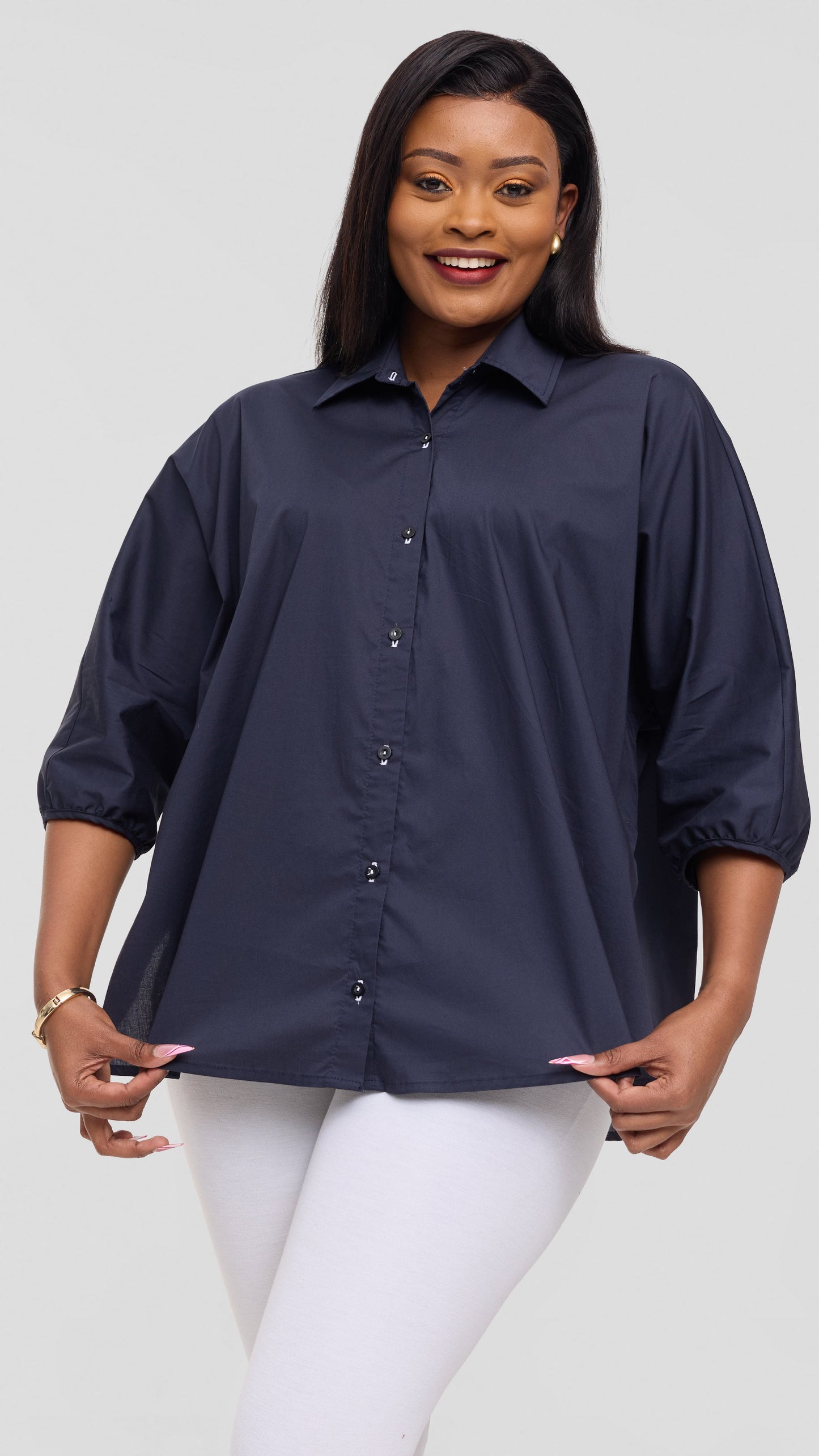 Vivo Back Pleat Loose Top in Cotton - Dark Navy