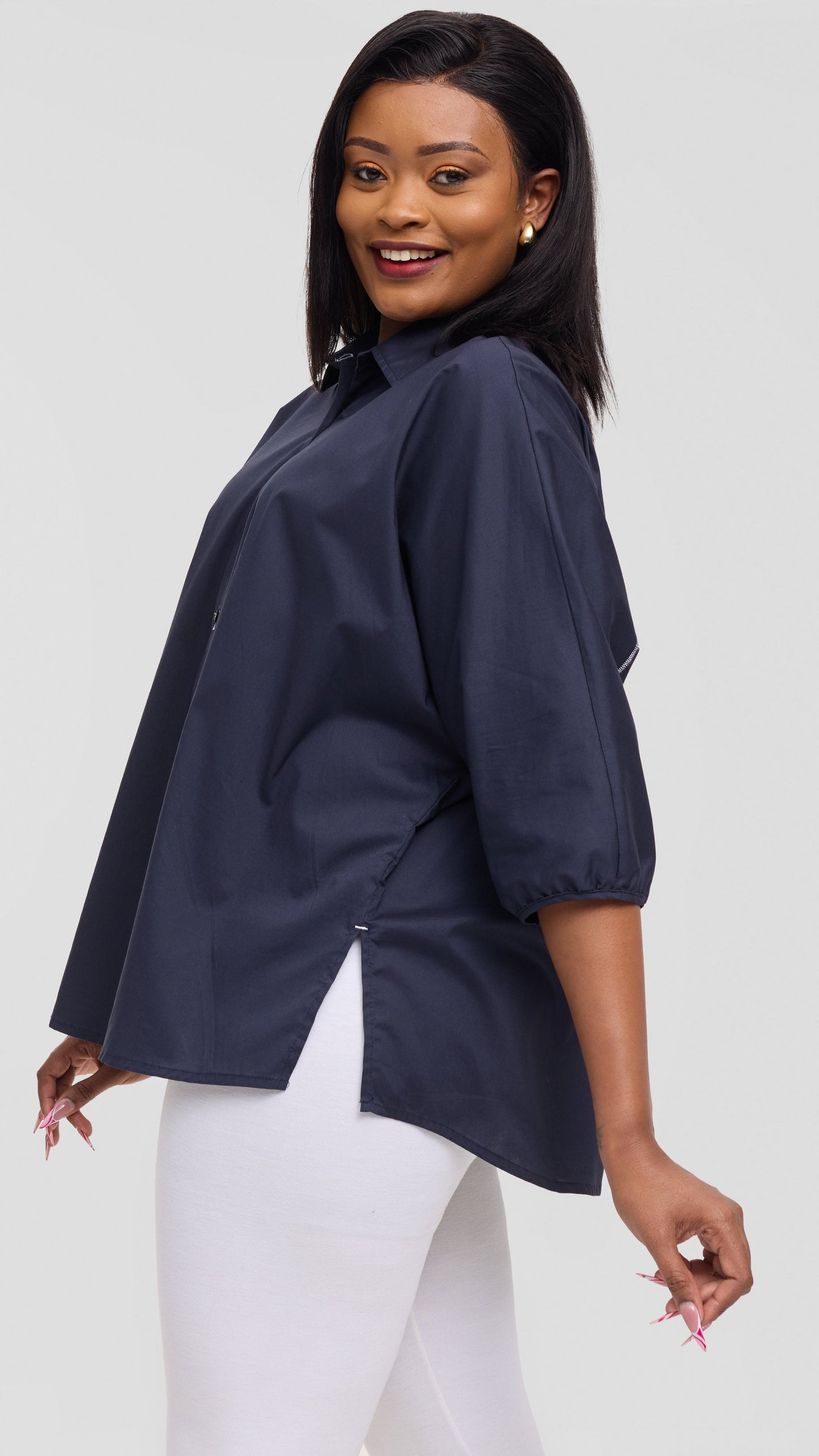 Vivo Back Pleat Loose Top in Cotton - Dark Navy