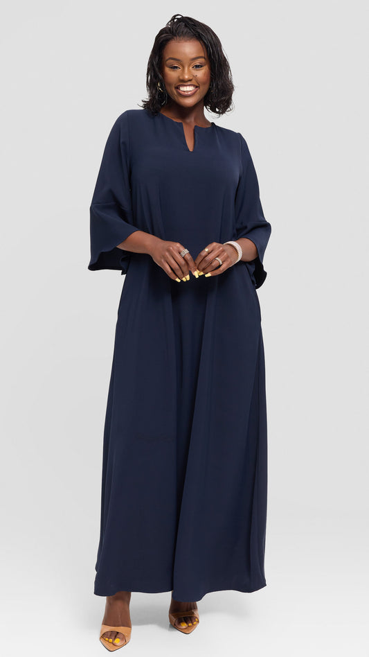 Vivo Zola 3/4 Sleeve Maxi Dress in Crepe - Navy