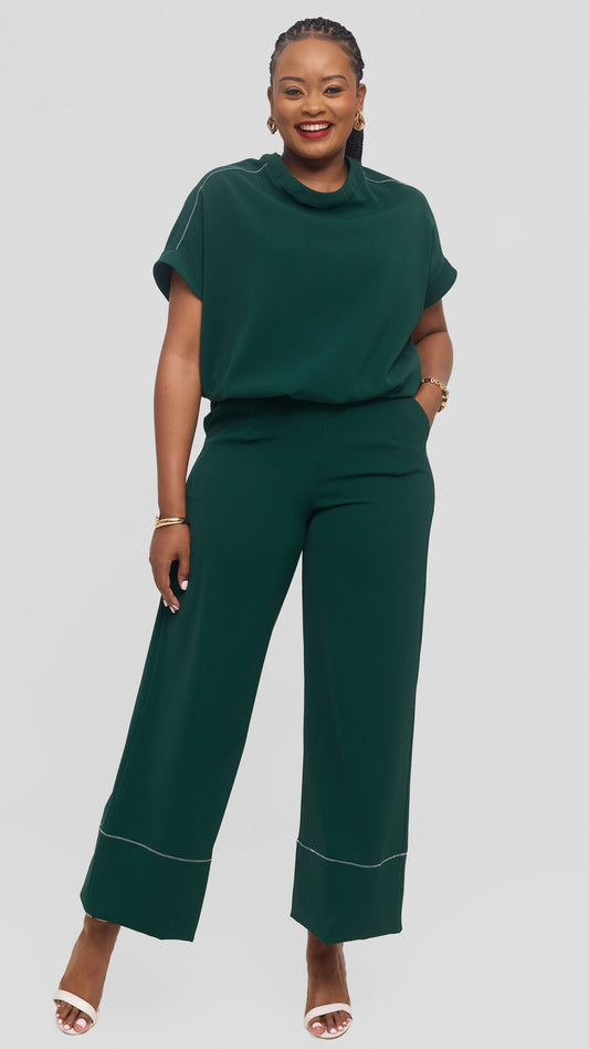 Vivo Contrast Stitch Loose Top in Twill - Dark Green