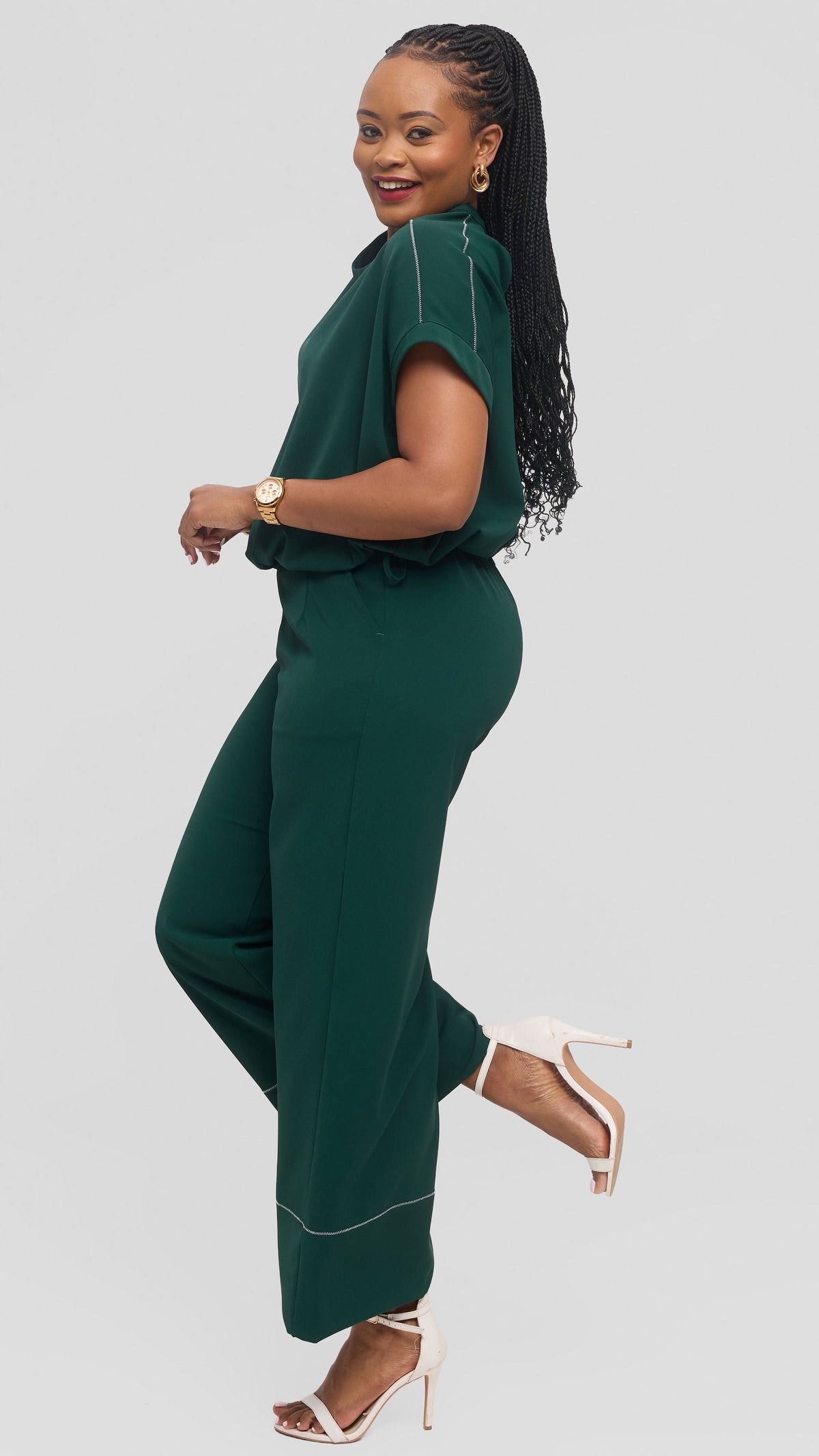 Vivo Contrast Stitch Loose Top in Twill - Dark Green