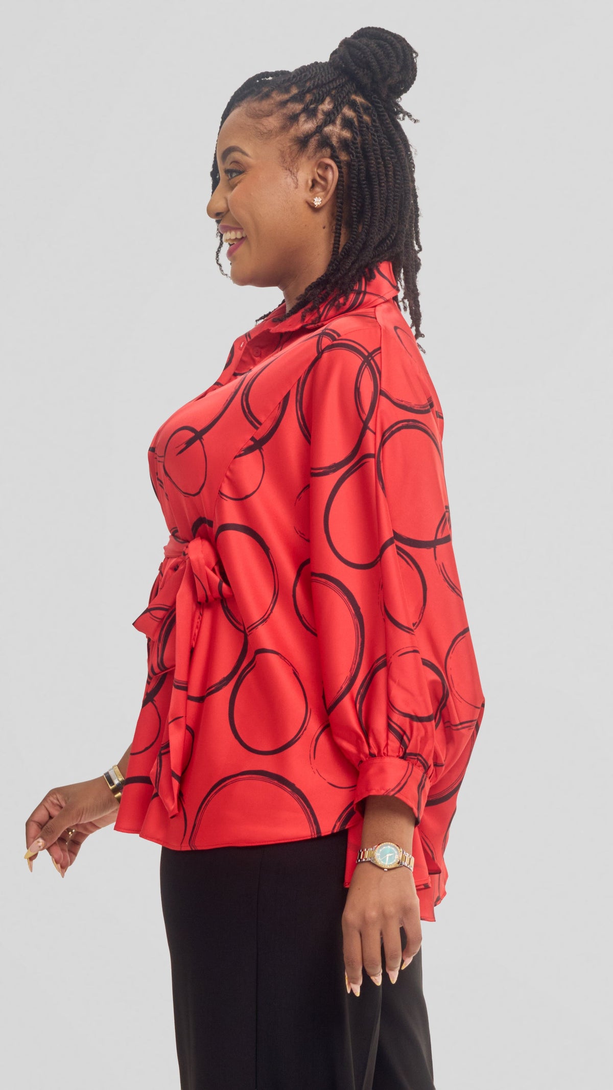 Vivo Loose Shirt in Satin - Red / Black Amani Print
