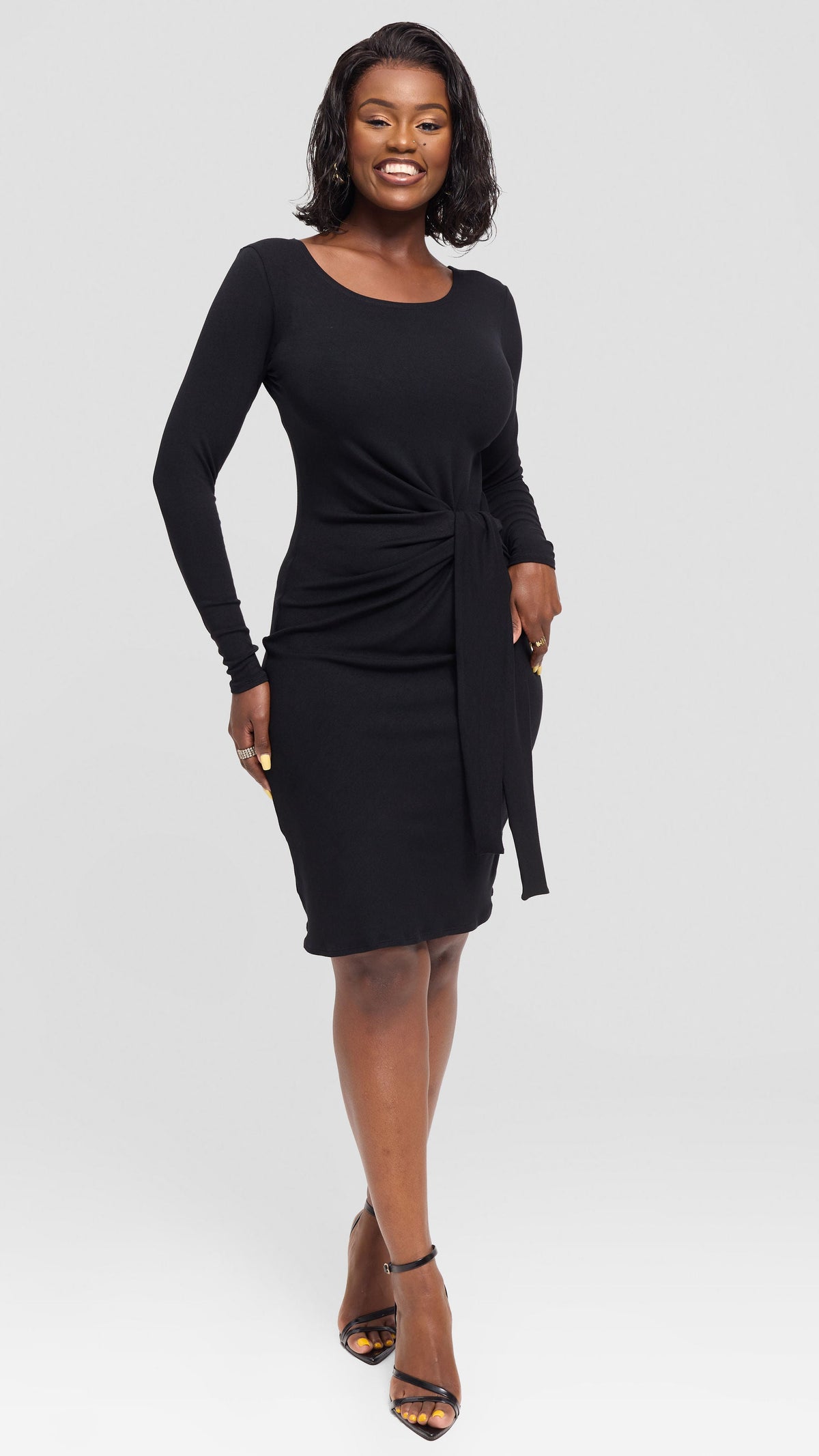 Vivo Side Tie Knee Length Dress in Jersey - Black