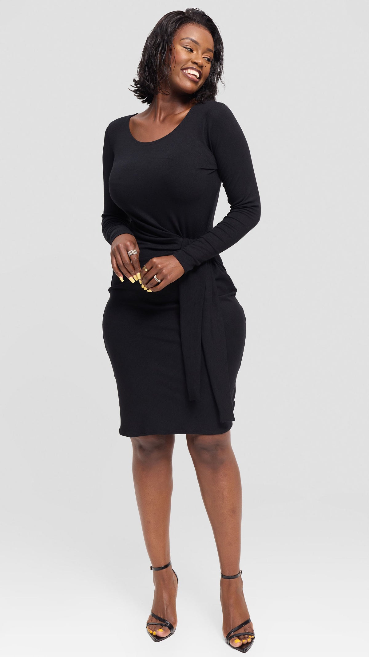 Vivo Side Tie Knee Length Dress in Jersey - Black