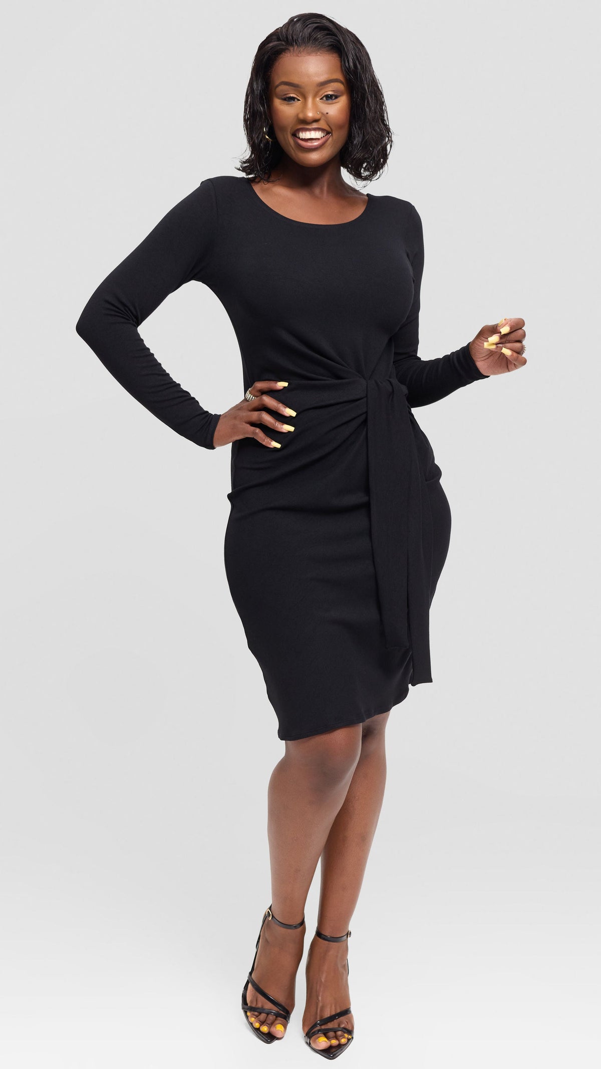 Vivo Side Tie Knee Length Dress in Jersey - Black