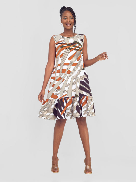 Vivo Dalia Sleeveless Gathered Tent Dress - Taupe / Brown Print