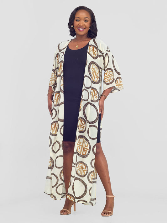 Vivo Maisha High Slit Kimono - Cream Pingu Print