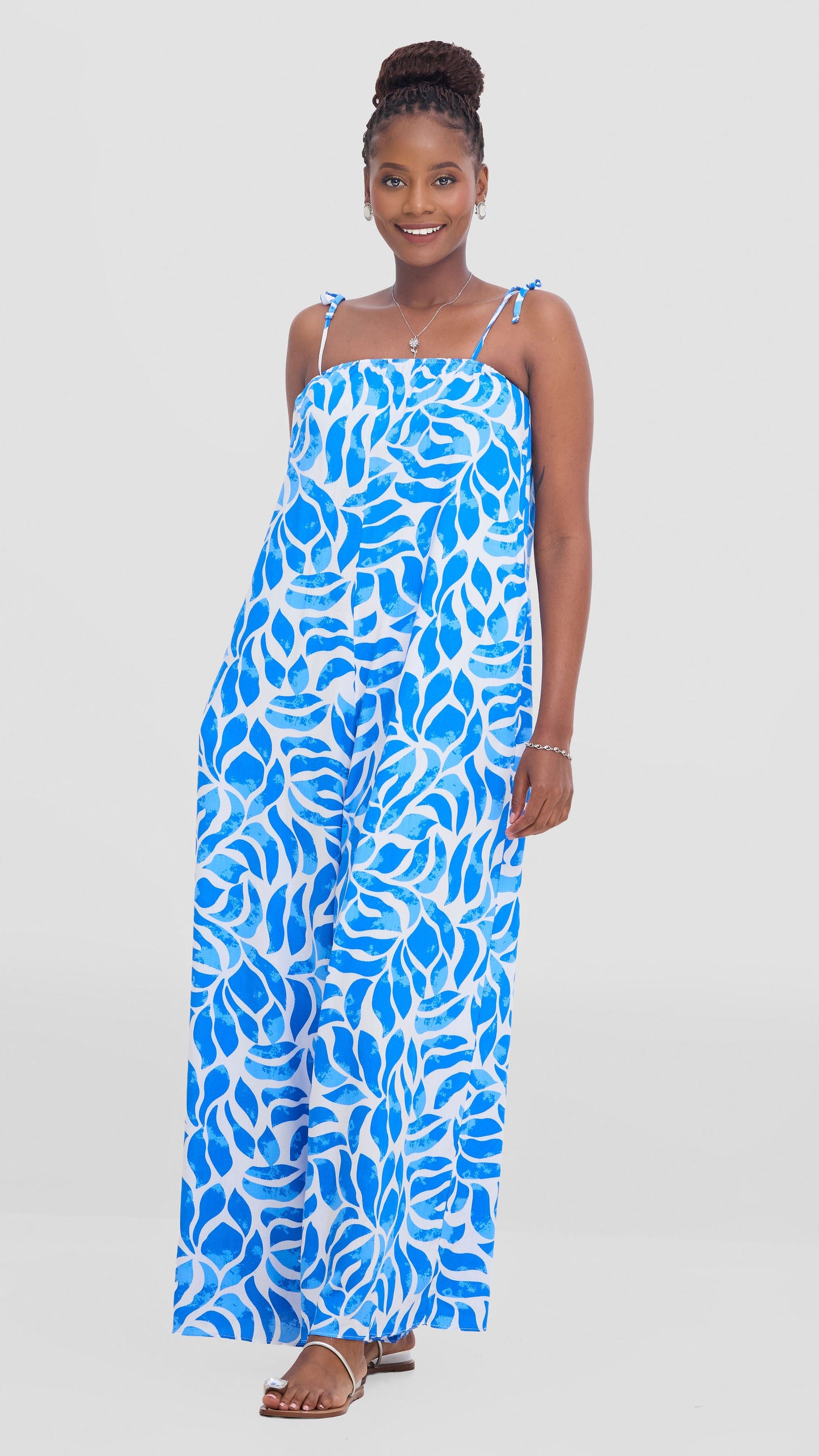 Vivo Maisha Strappy Cover Up Jumpsuit In Rayon - White / Blue Print