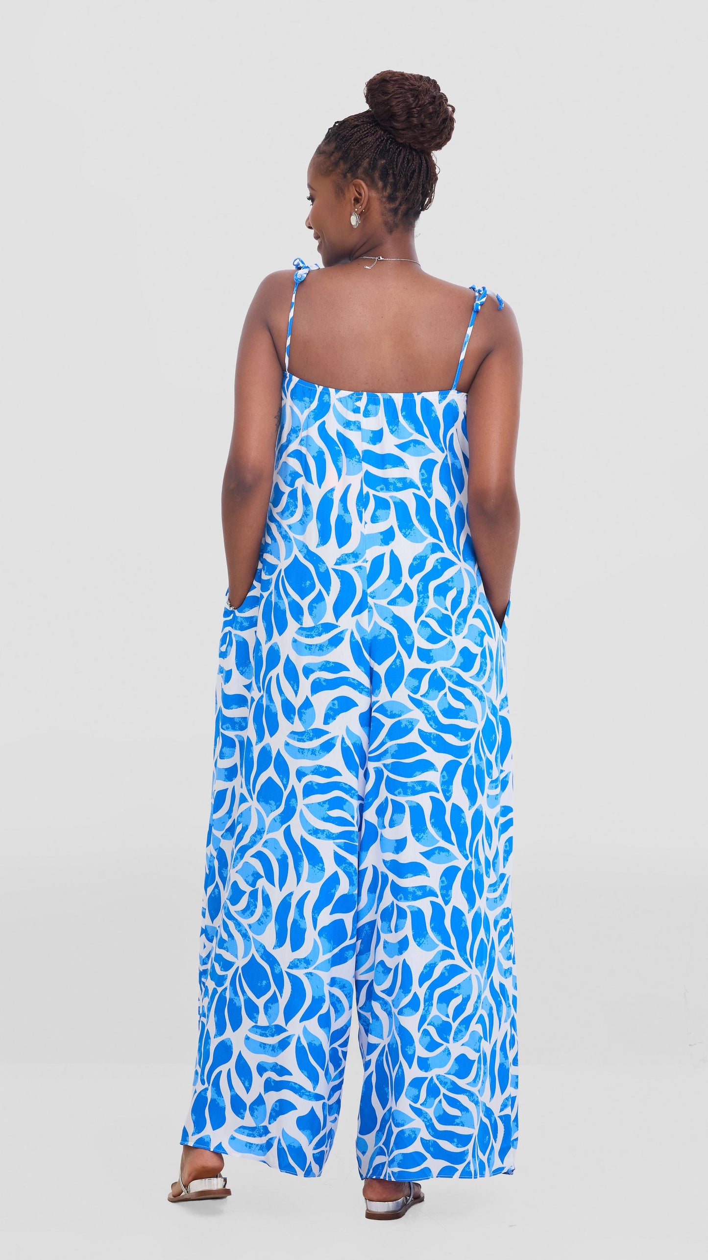 Vivo Maisha Strappy Cover Up Jumpsuit In Rayon - White / Blue Print