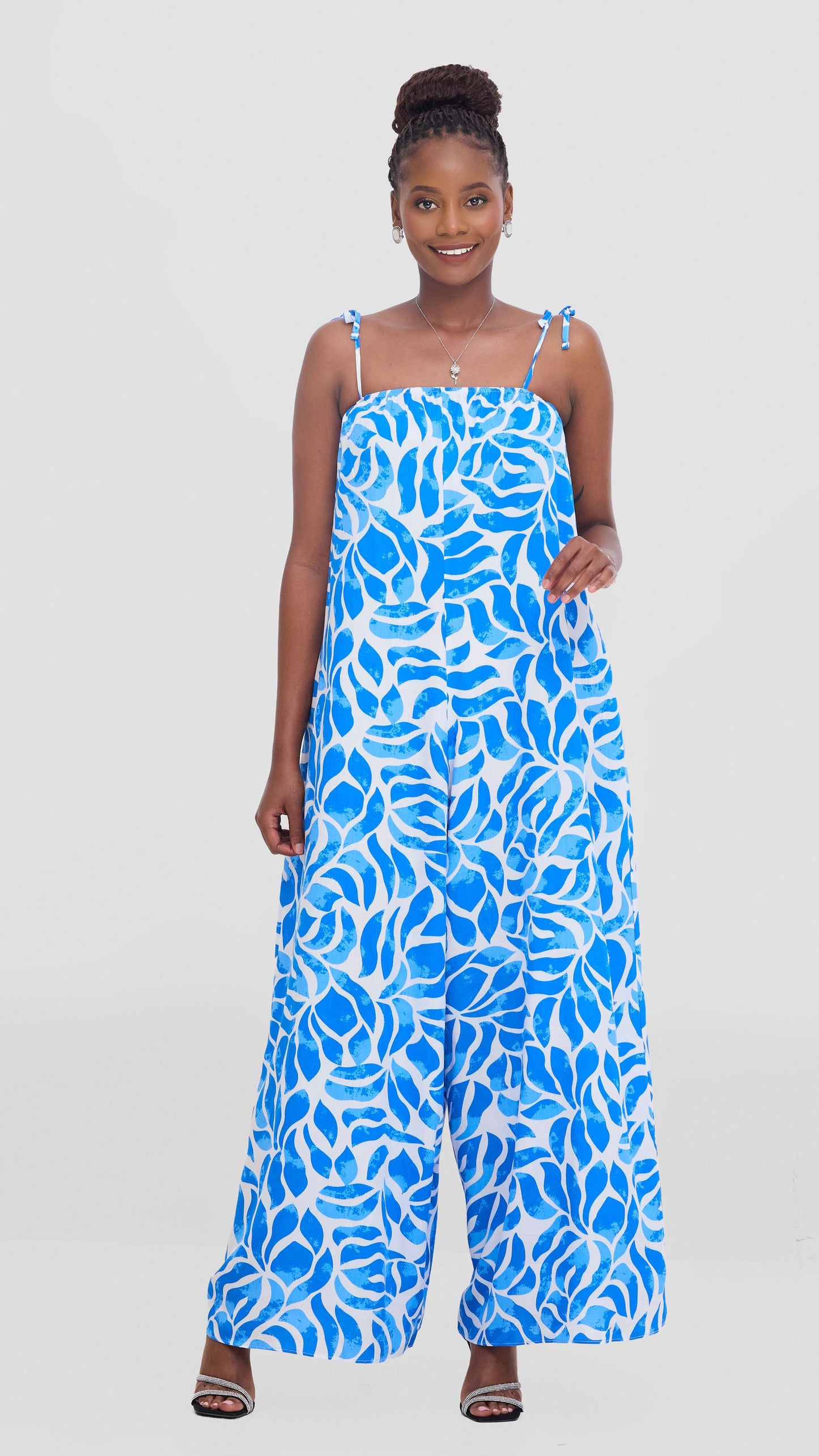 Vivo Maisha Strappy Cover Up Jumpsuit In Rayon - White / Blue Print