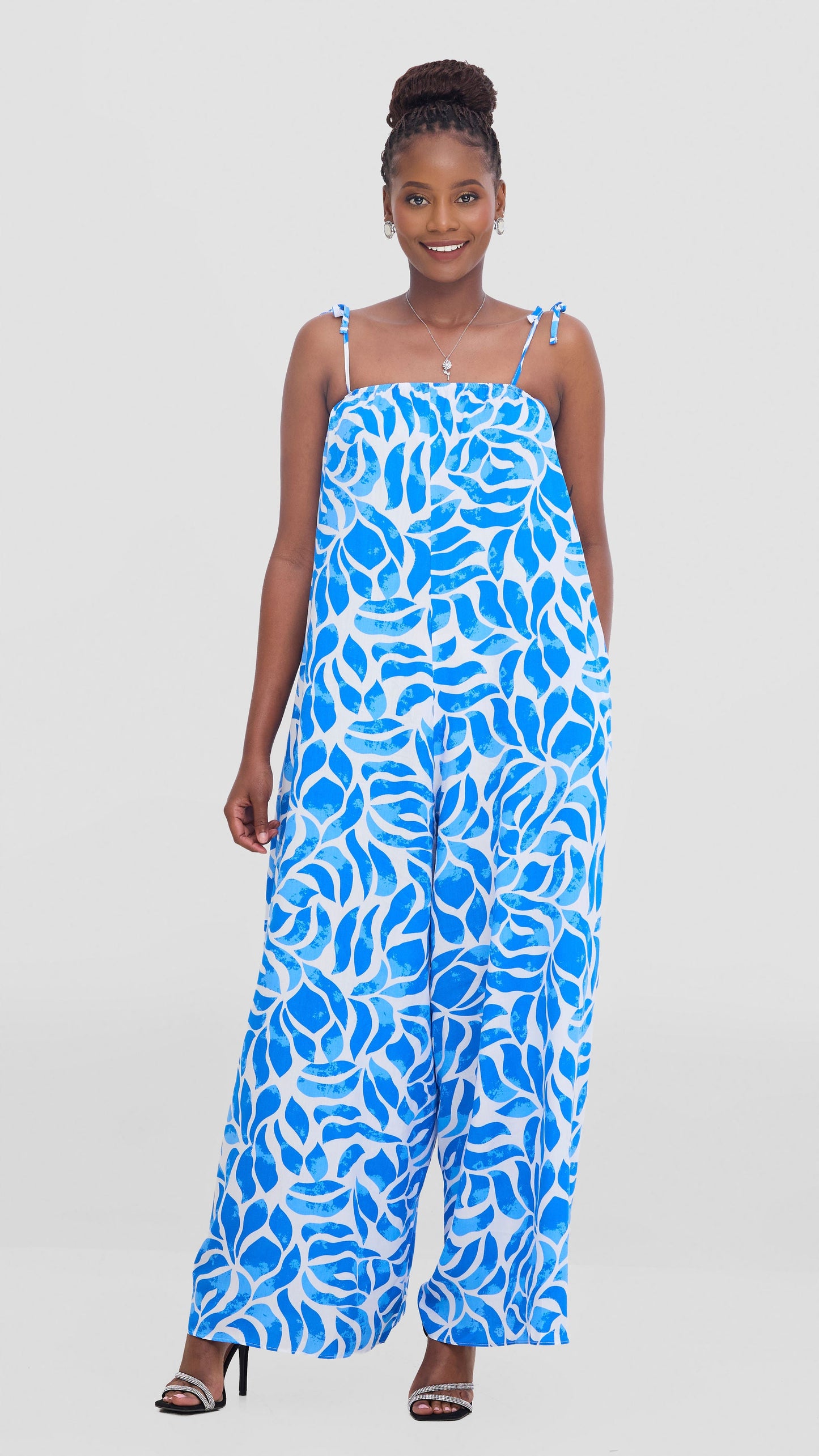 Vivo Maisha Strappy Cover Up Jumpsuit In Rayon - White / Blue Print