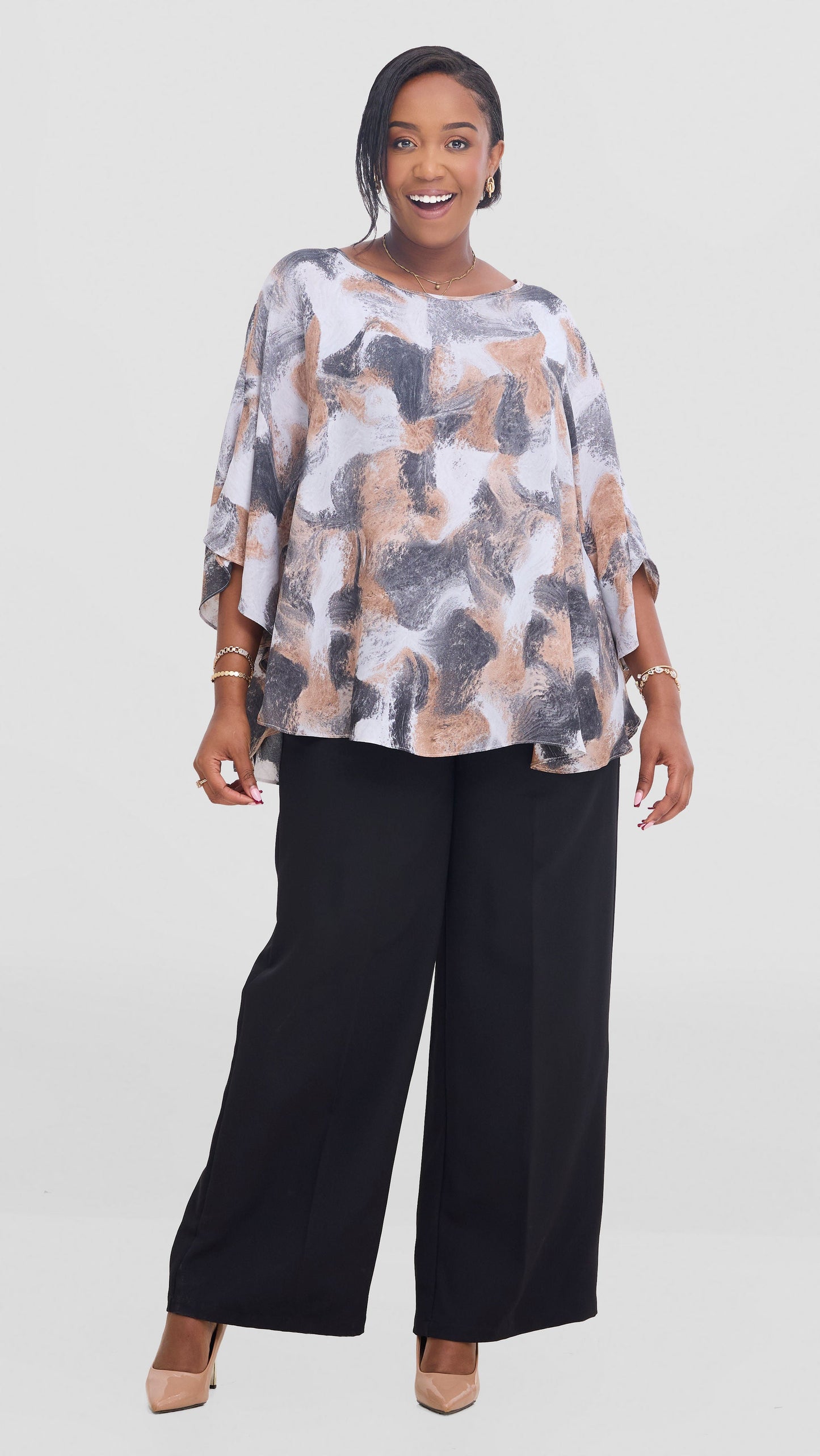 Vivo Sakari Circular Loose Top in Chiffon - Brown / Grey Textured Print