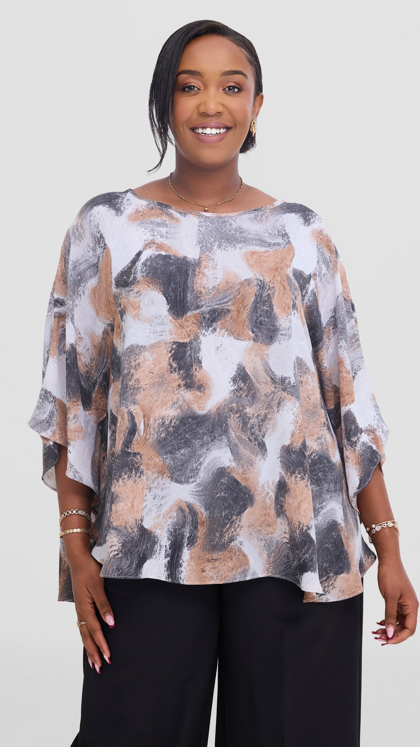 Vivo Sakari Circular Loose Top in Chiffon - Brown / Grey Textured Print