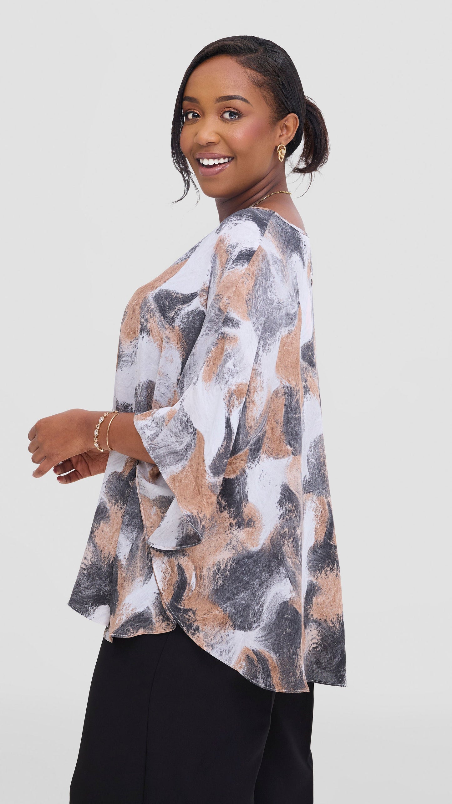 Vivo Sakari Circular Loose Top in Chiffon - Brown / Grey Textured Print