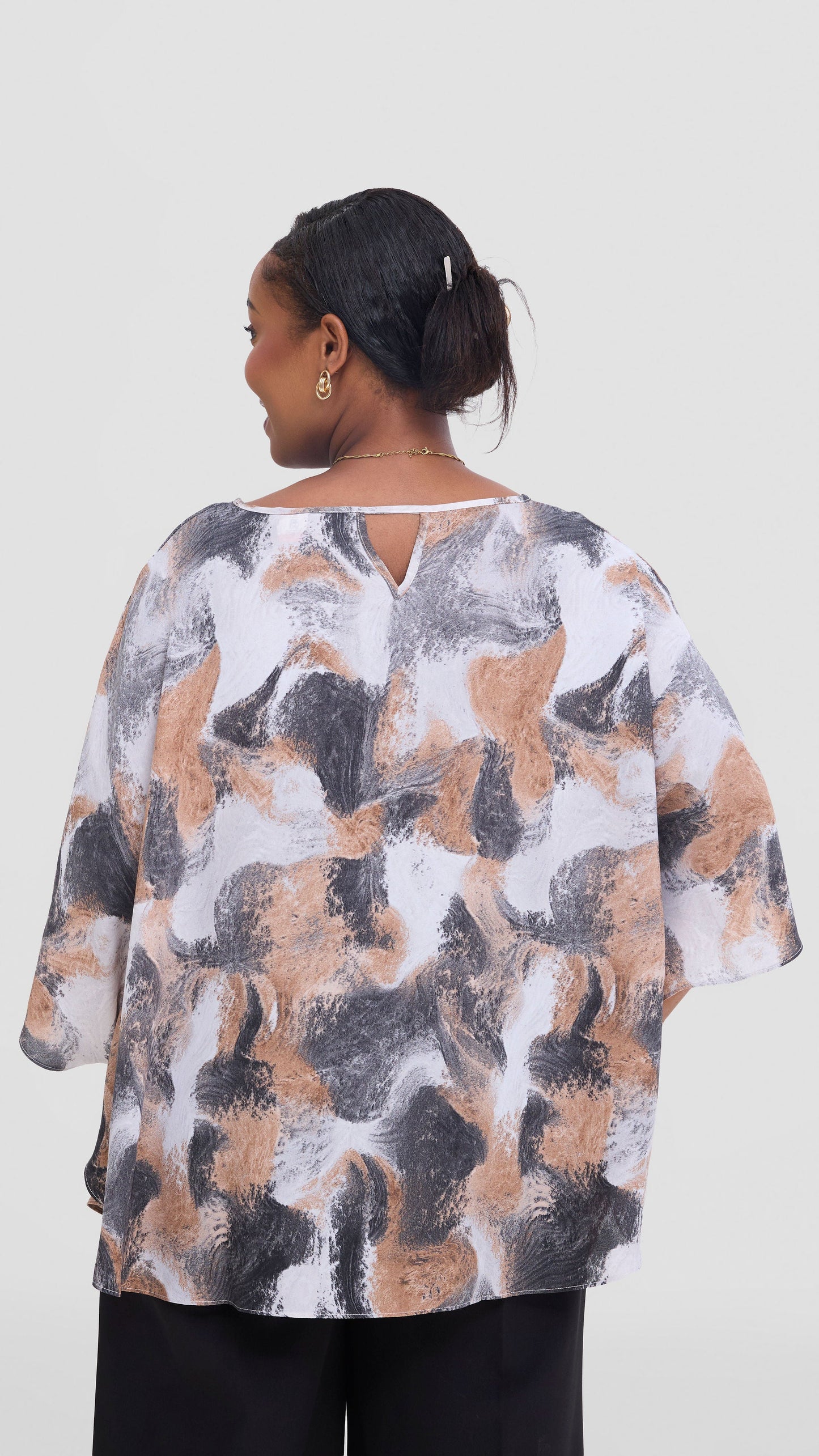 Vivo Sakari Circular Loose Top in Chiffon - Brown / Grey Textured Print