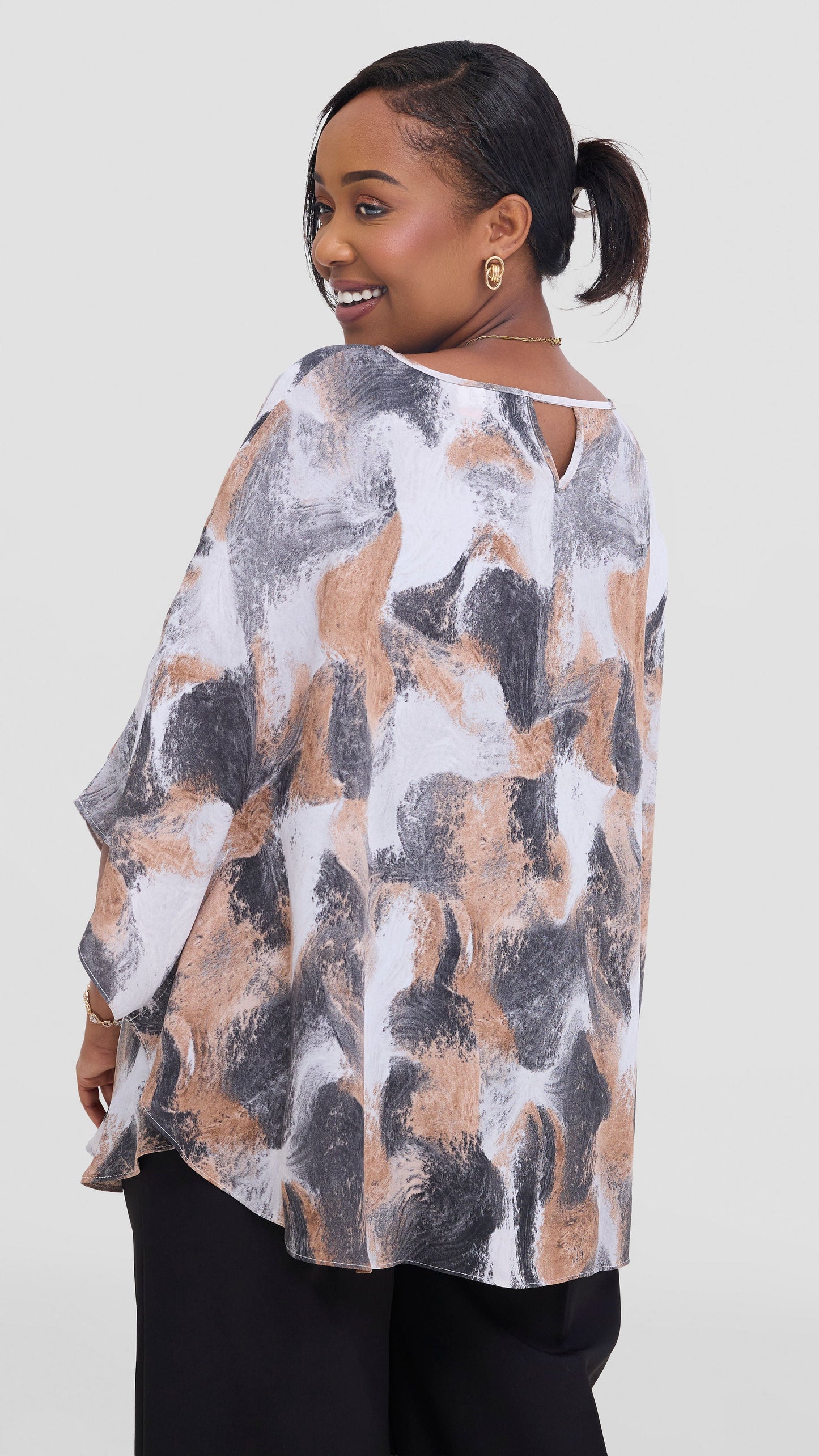 Vivo Sakari Circular Loose Top in Chiffon - Brown / Grey Textured Print
