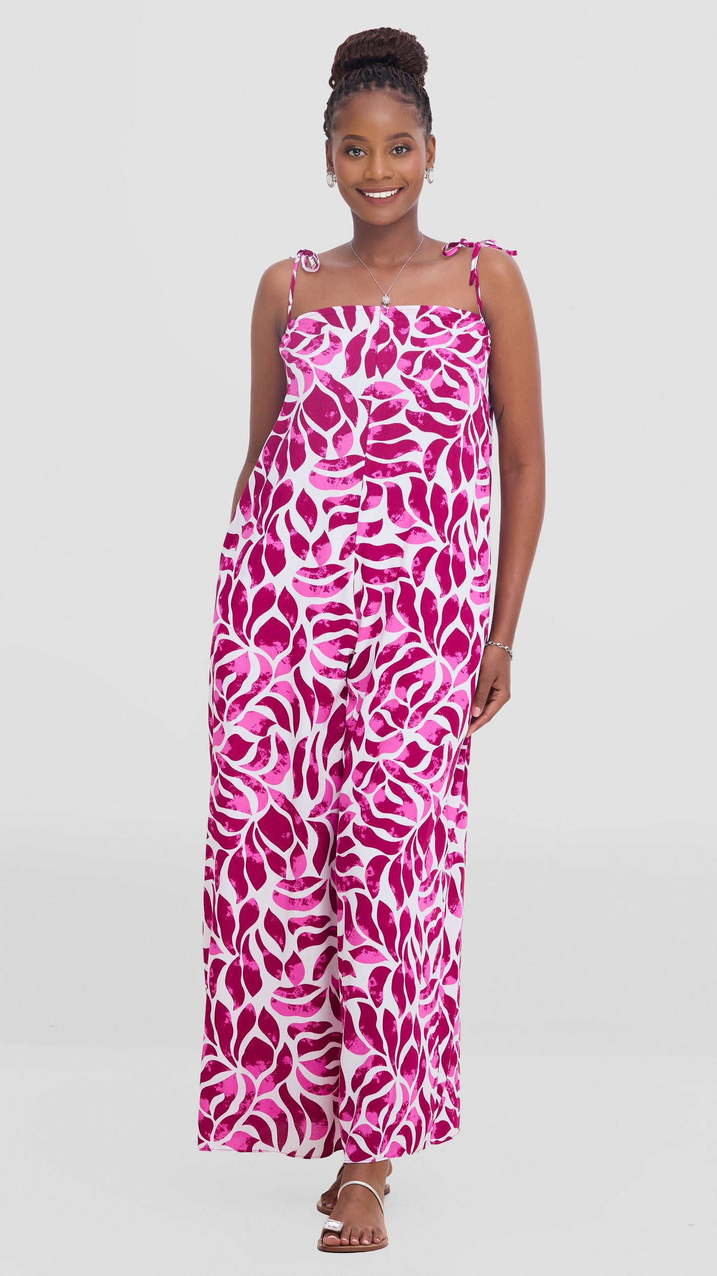 Vivo Maisha Strappy Cover Up Jumpsuit In Rayon - White / Pink Print