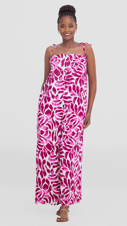 Vivo Maisha Strappy Cover Up Jumpsuit In Rayon - White / Pink Print