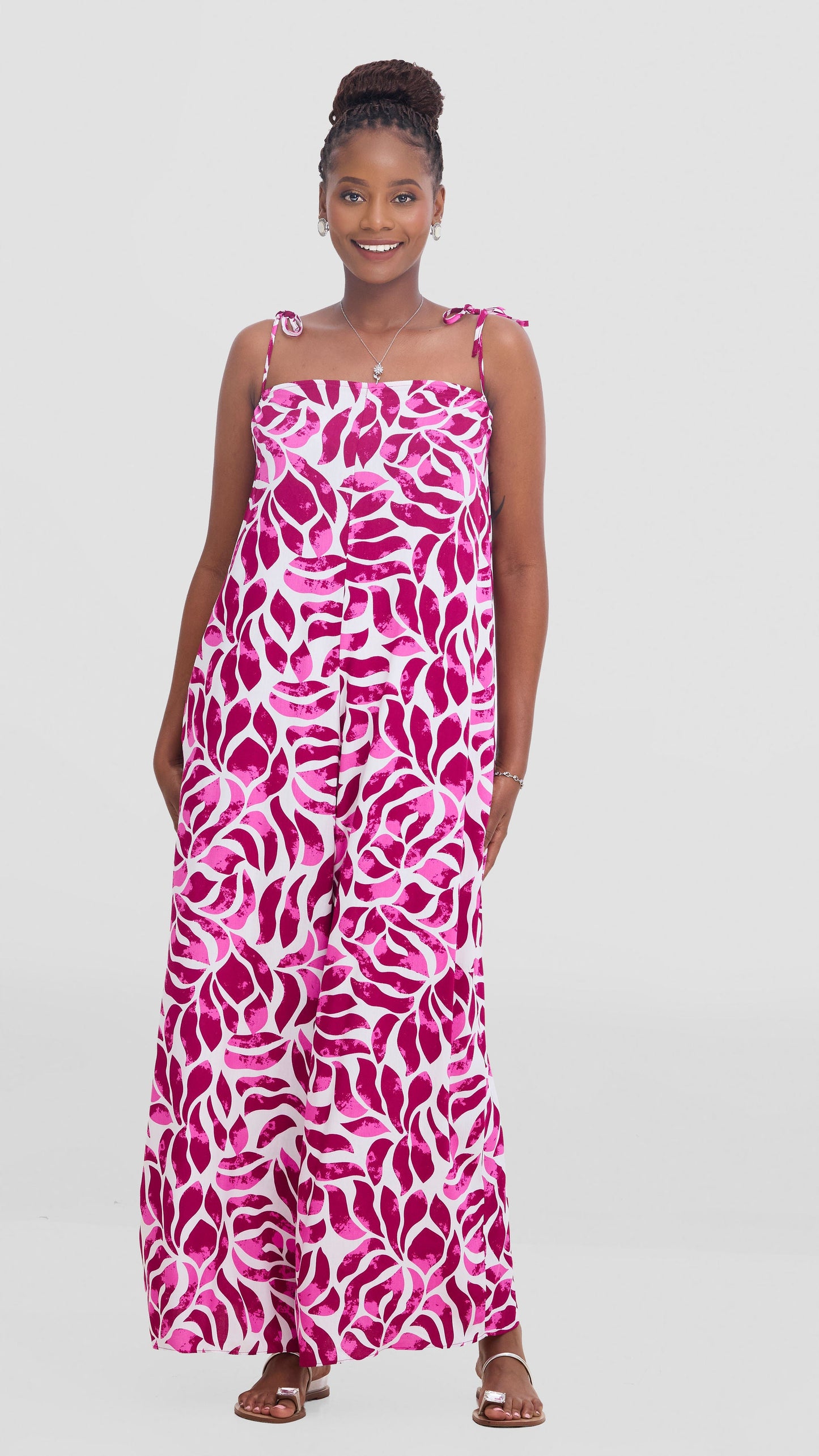 Vivo Maisha Strappy Cover Up Jumpsuit In Rayon - White / Pink Print