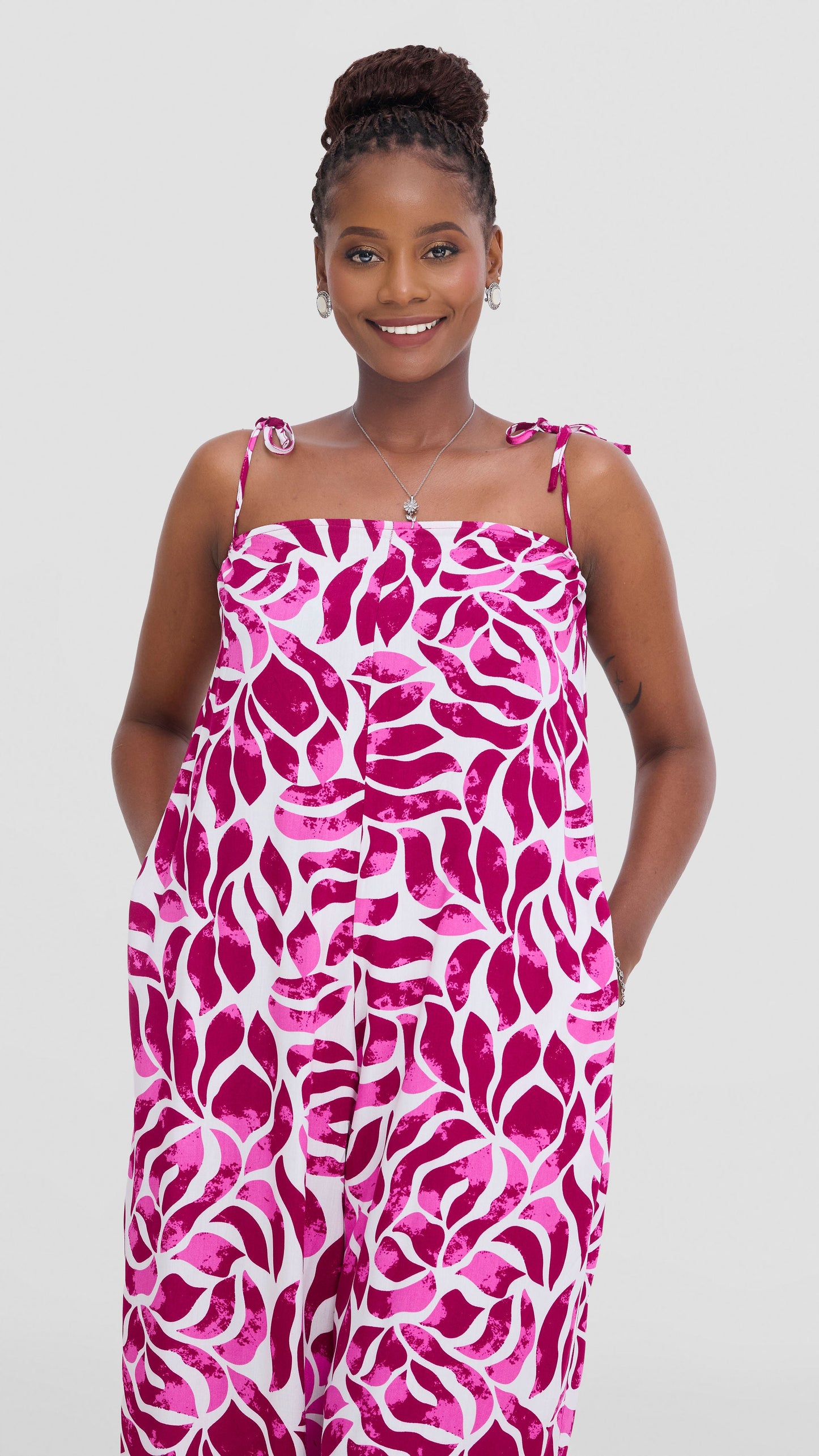 Vivo Maisha Strappy Cover Up Jumpsuit In Rayon - White / Pink Print