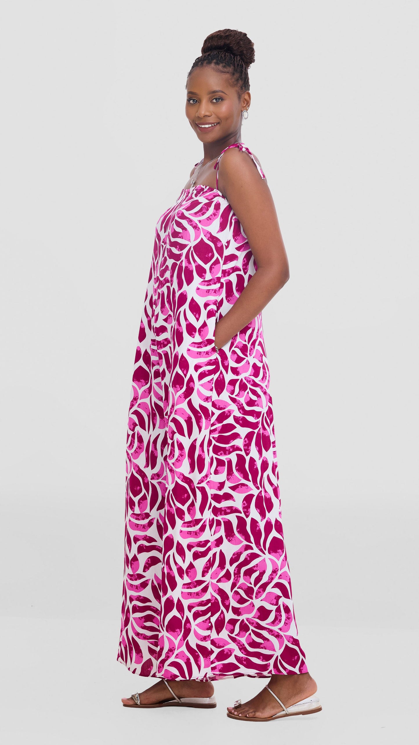 Vivo Maisha Strappy Cover Up Jumpsuit In Rayon - White / Pink Print