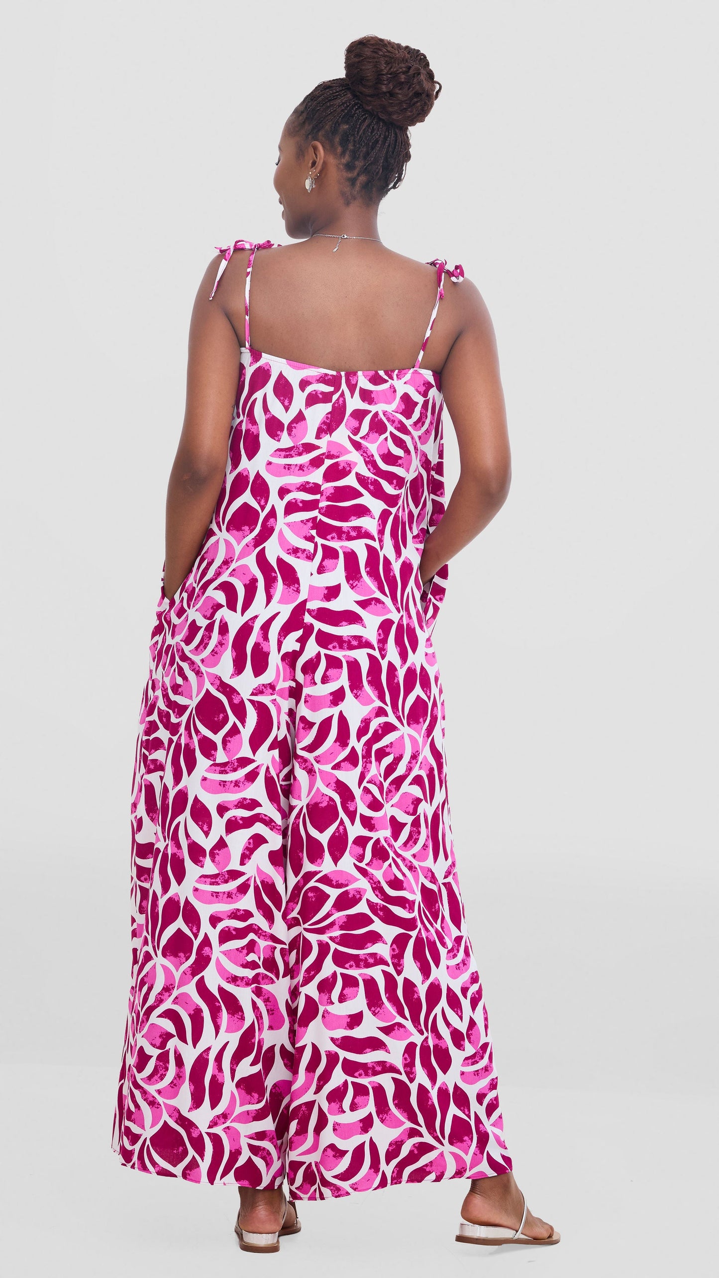 Vivo Maisha Strappy Cover Up Jumpsuit In Rayon - White / Pink Print
