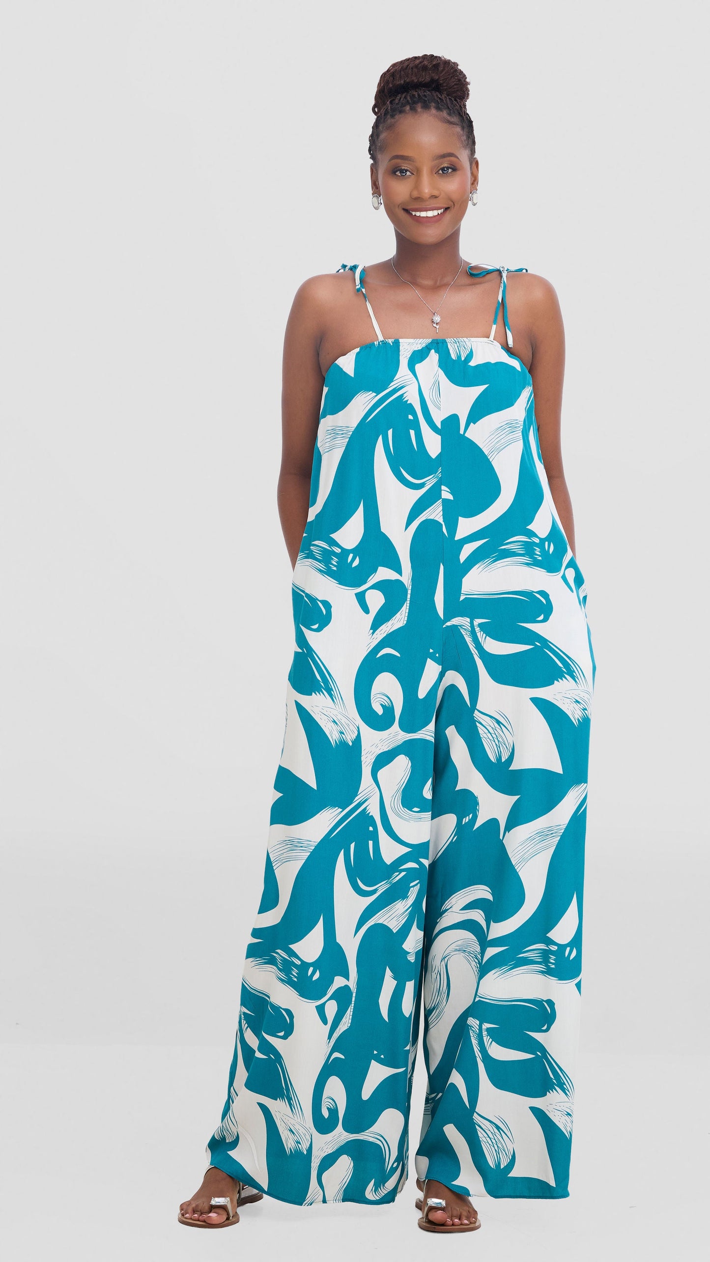 Vivo Maisha Strappy Cover Up Jumpsuit In Rayon - Teal / Off White Print