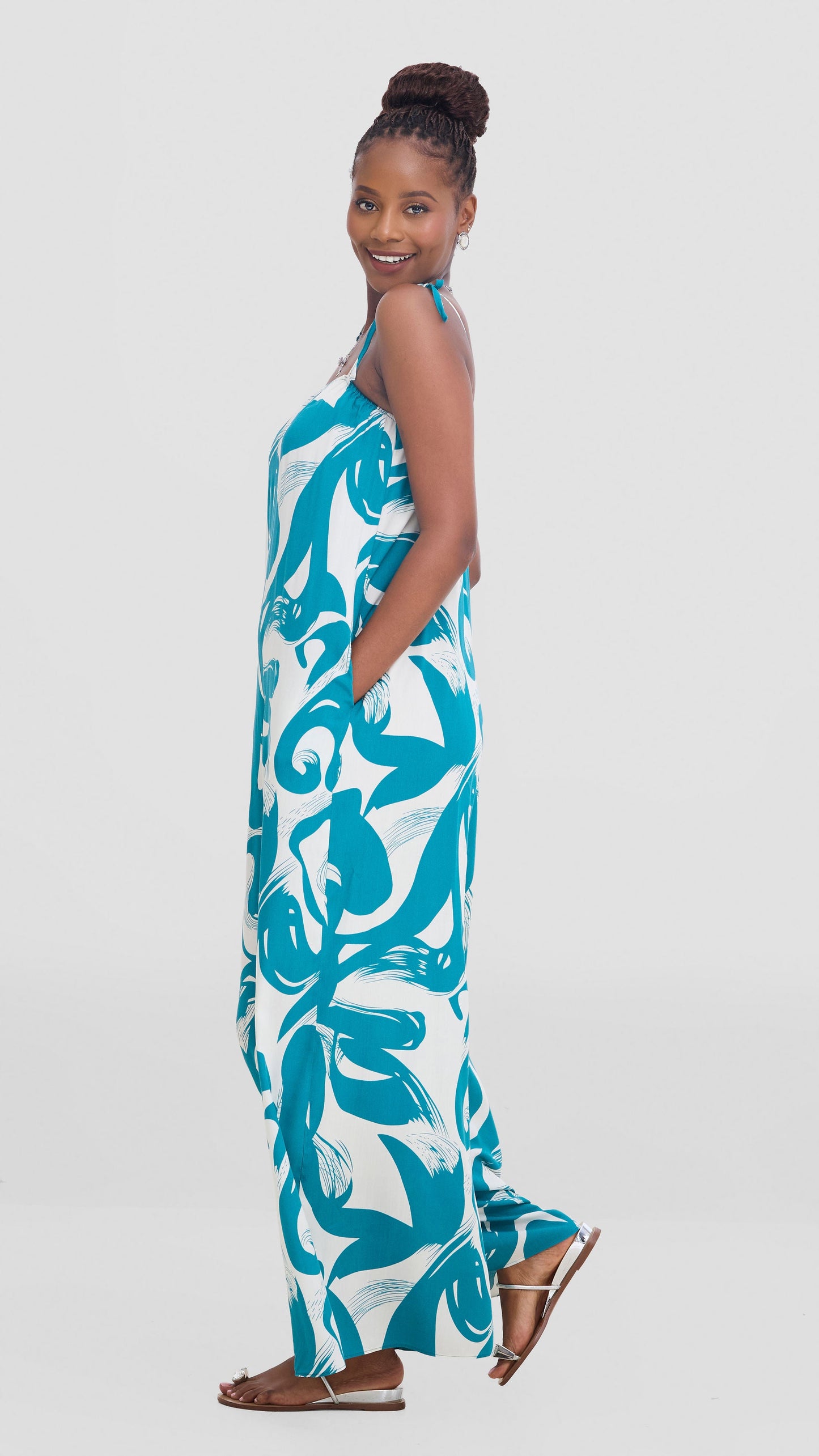 Vivo Maisha Strappy Cover Up Jumpsuit In Rayon - Teal / Off White Print