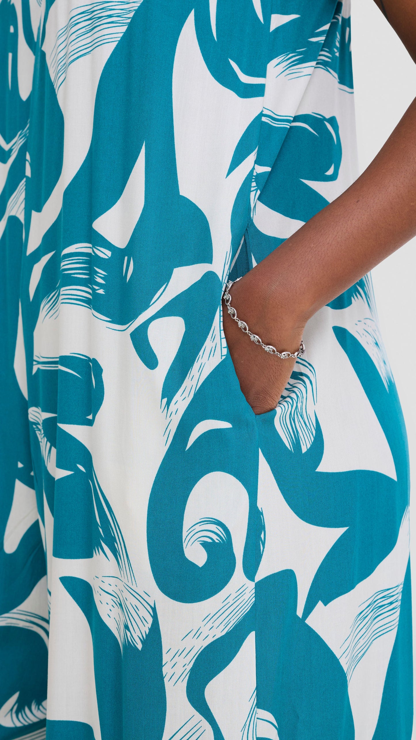 Vivo Maisha Strappy Cover Up Jumpsuit In Rayon - Teal / Off White Print