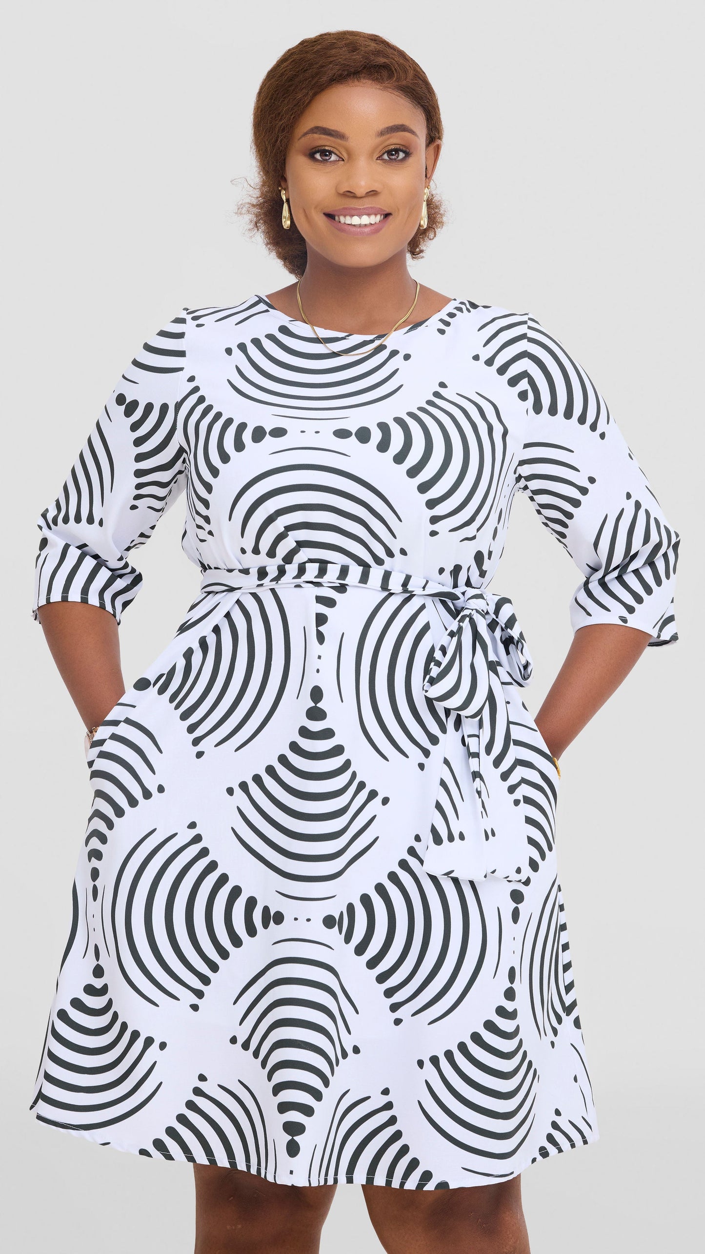 Vivo Laika 3/4 Sleeve Tent Dress In Crepe - White / Dark Green Laki Print