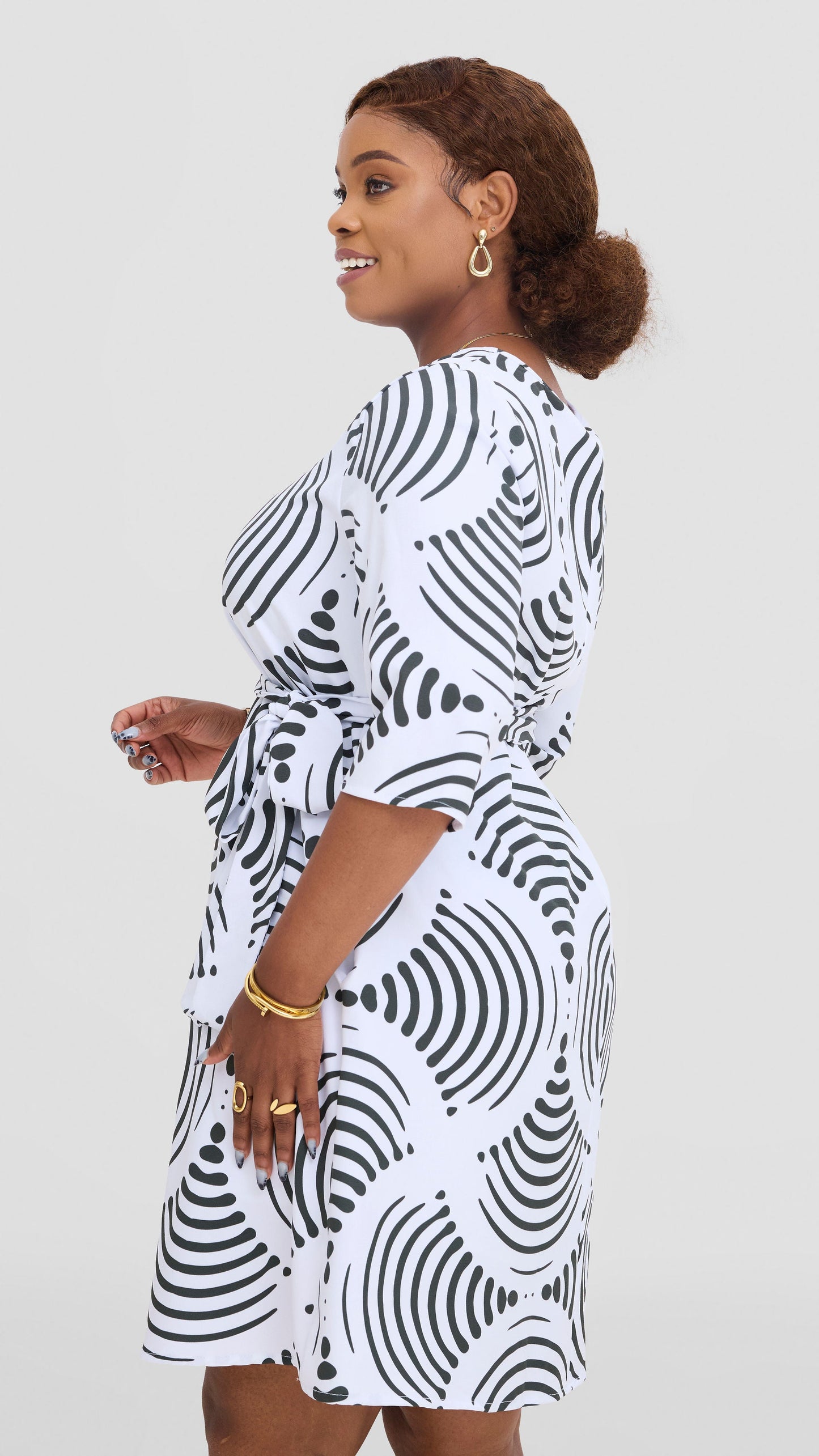Vivo Laika 3/4 Sleeve Tent Dress In Crepe - White / Dark Green Laki Print